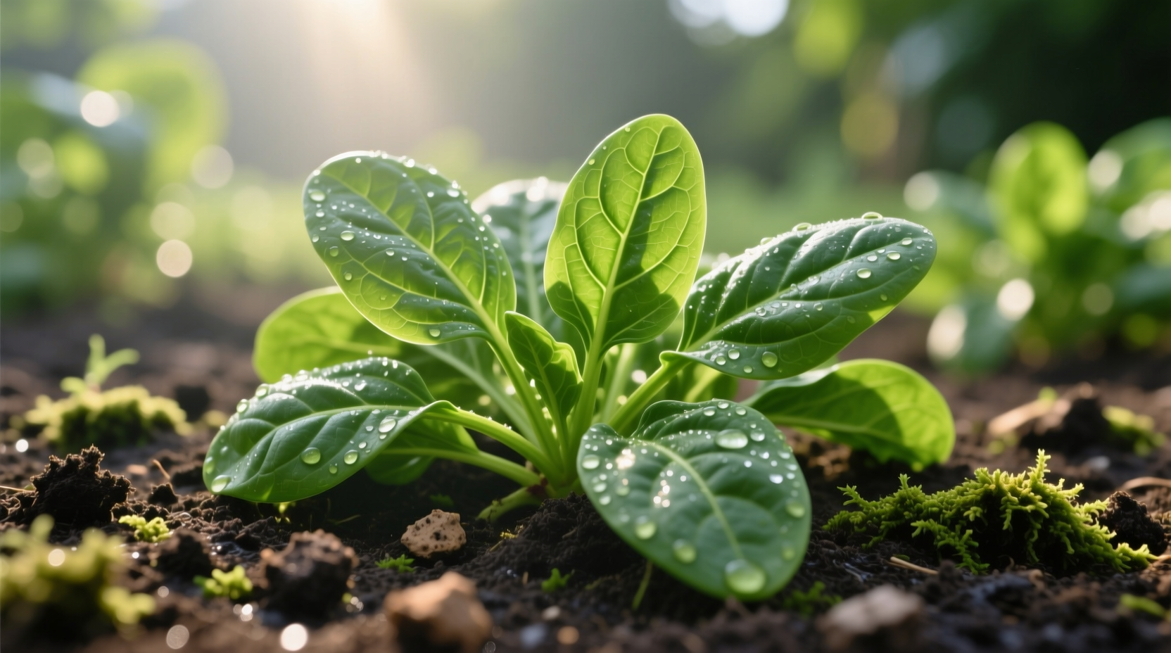 Fresh Brazilian spinach leaves on garden soil