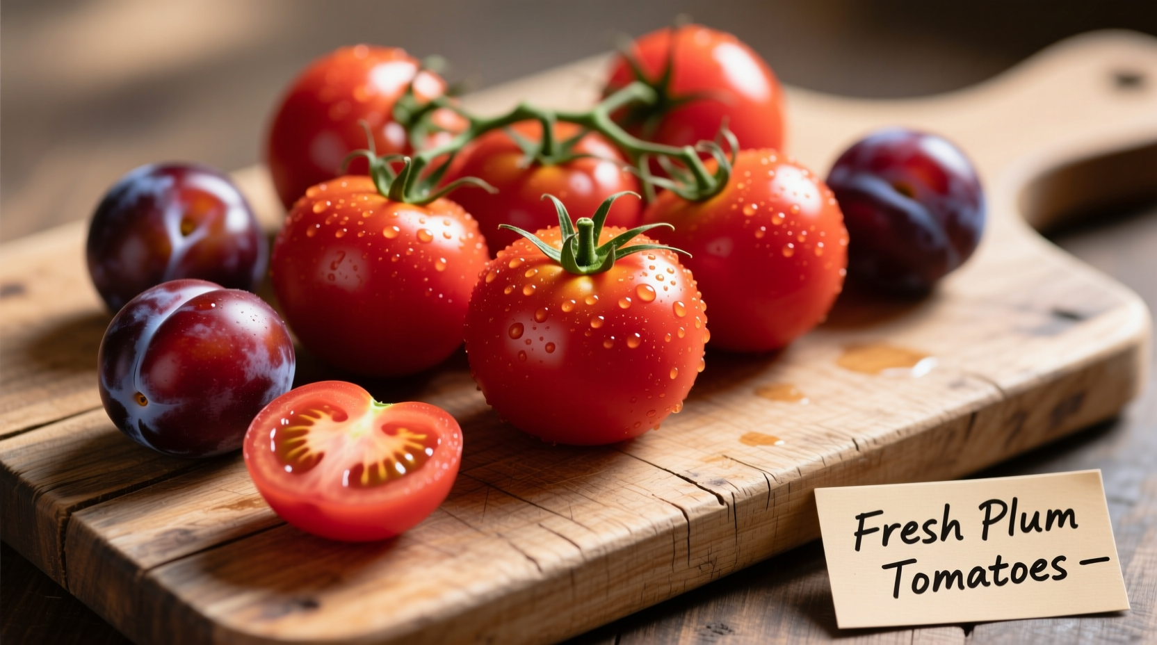 Fresh plum tomatoes on wooden cutting board