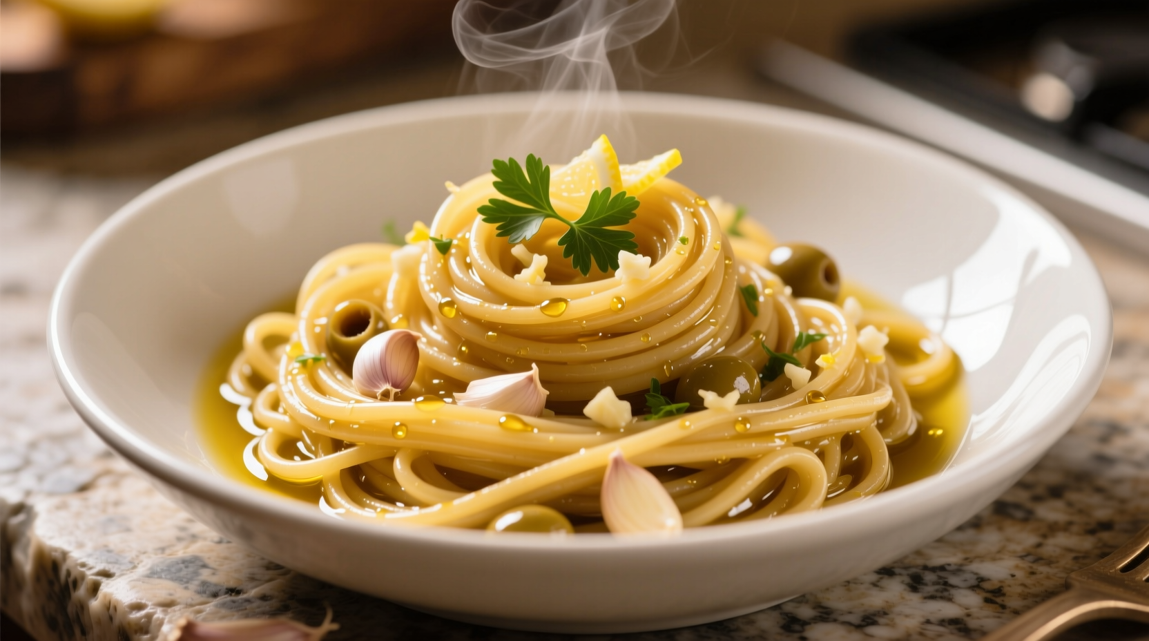 Golden spaghetti with garlic and olive oil in white bowl
