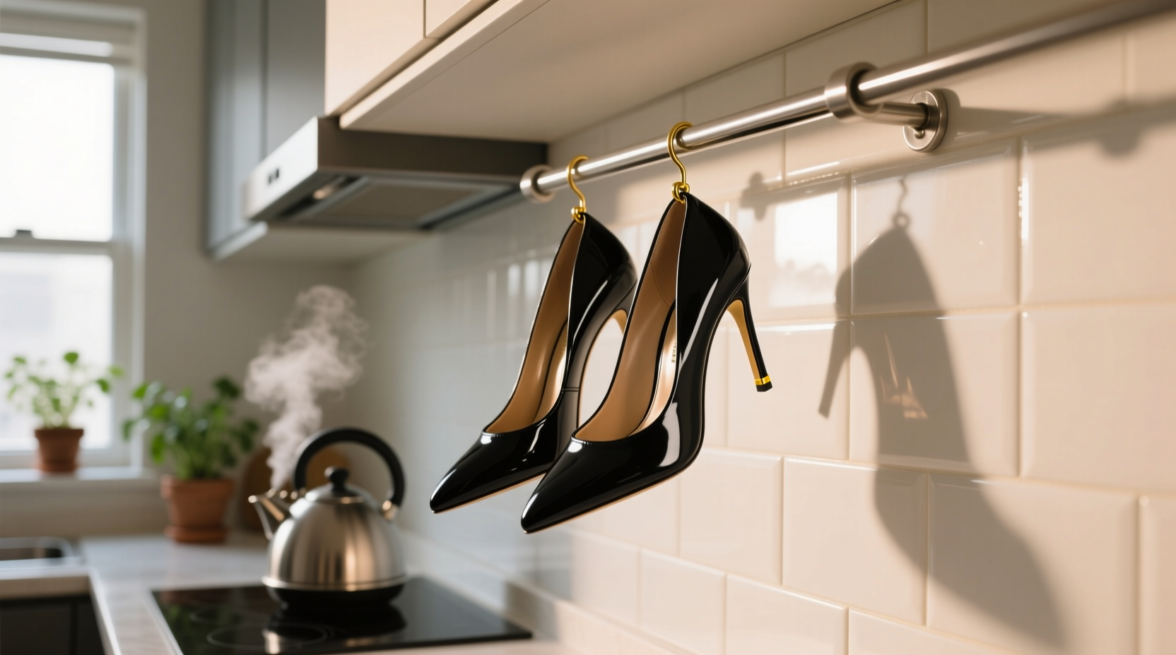 hang high heels on a kitchen rod