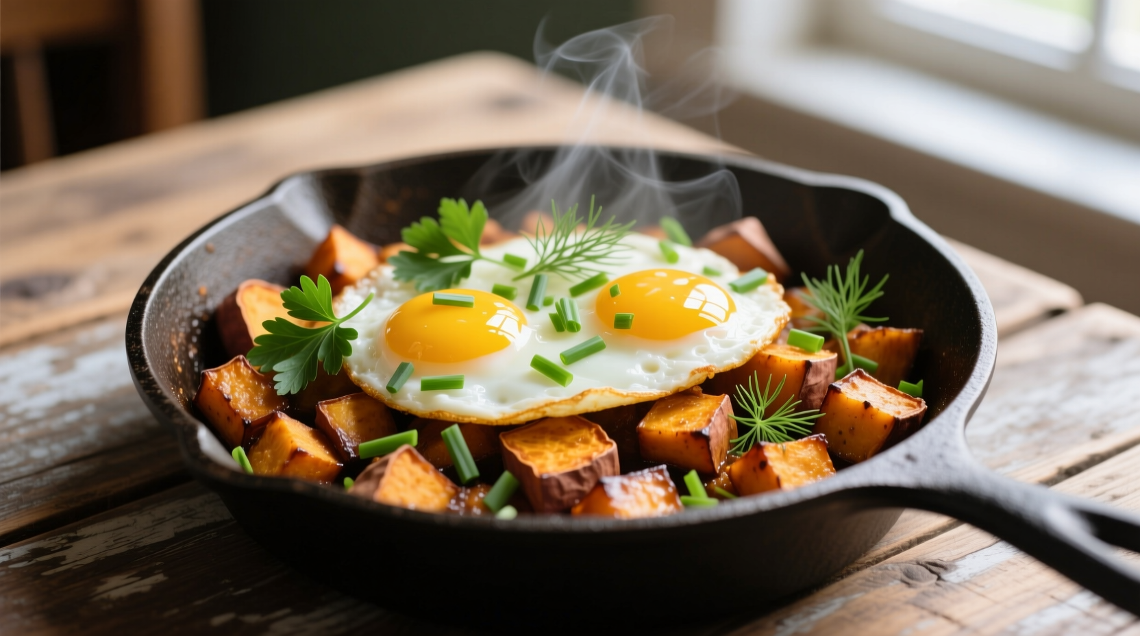 Crispy sweet potato hash with fried eggs and fresh herbs
