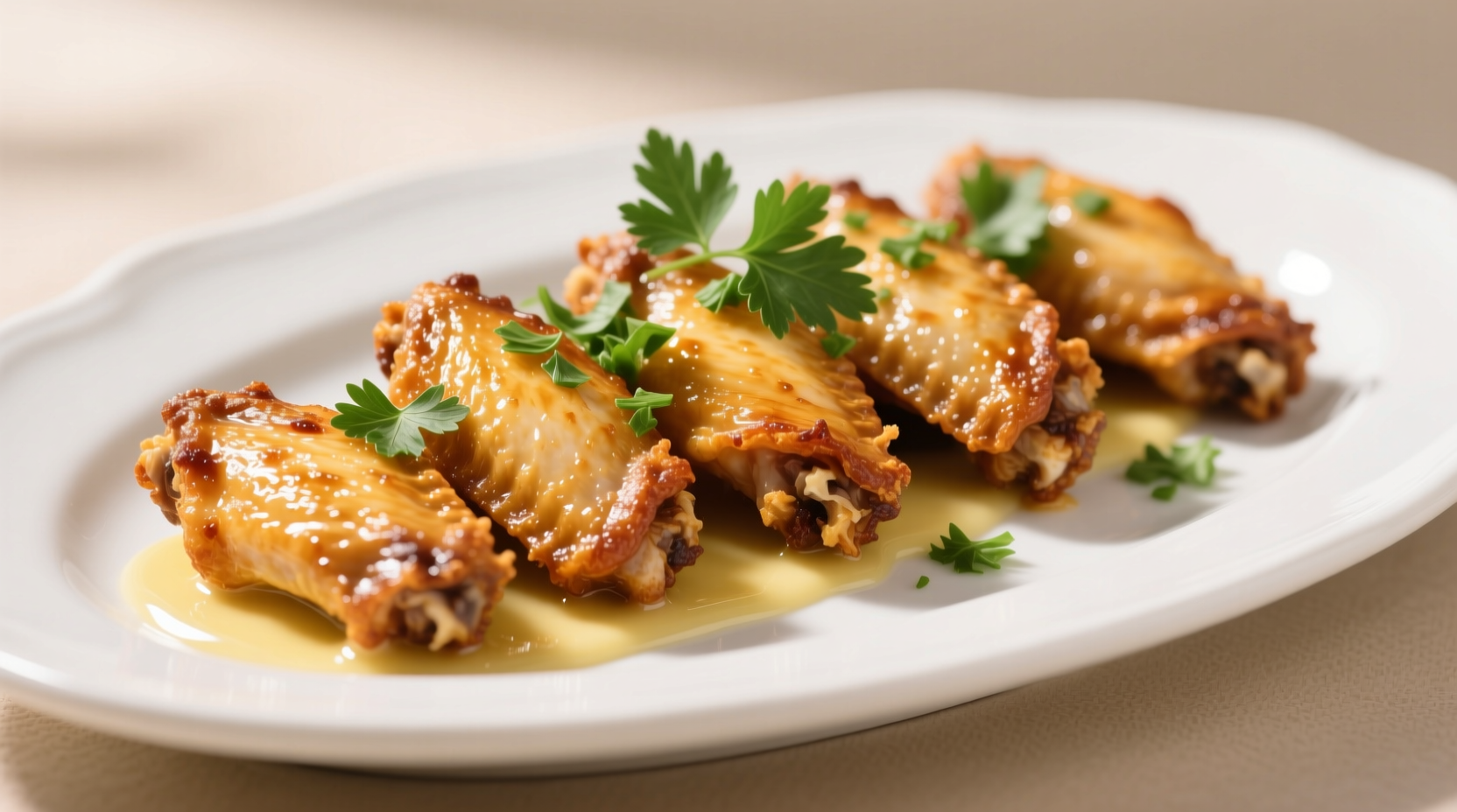 Crispy garlic butter wings on white plate with fresh parsley