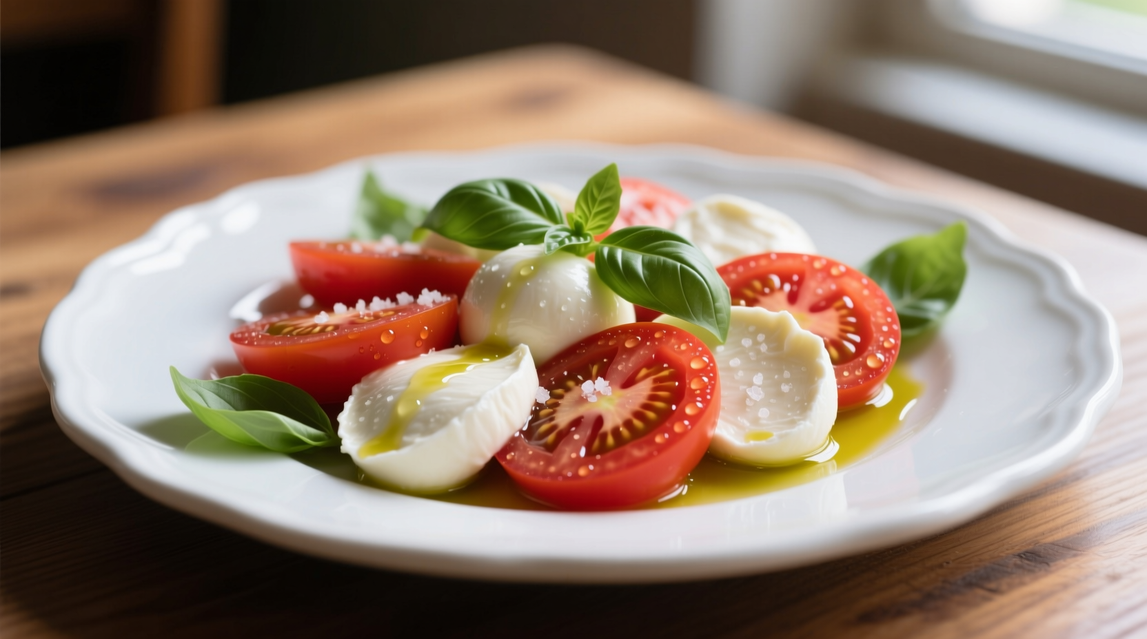 Fresh tomato mozzarella salad on white plate