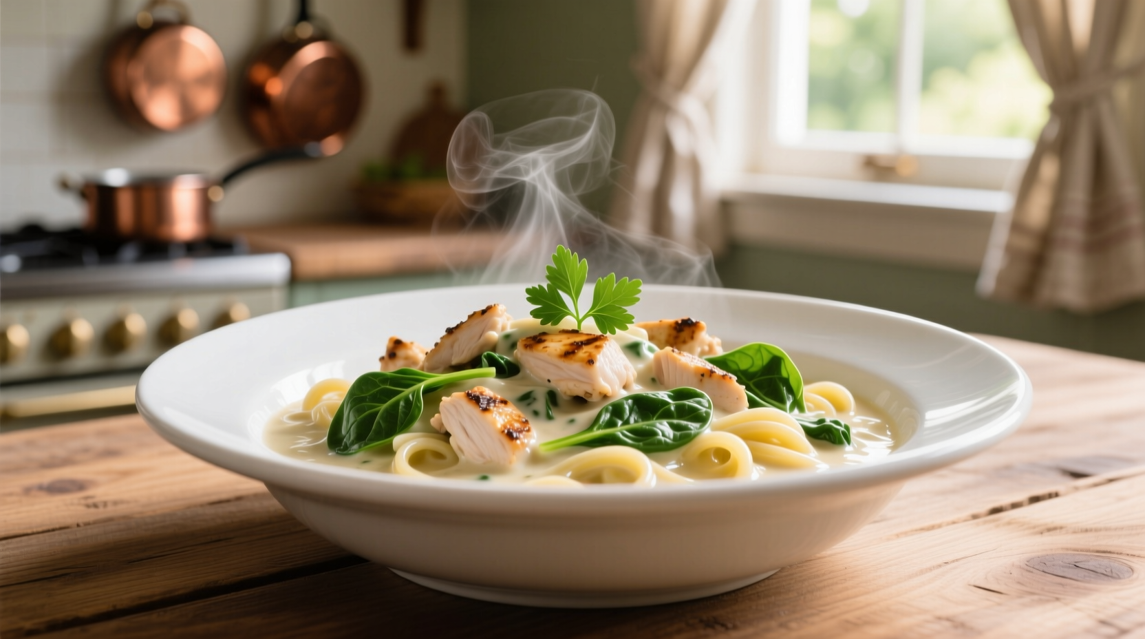 Creamy chicken spinach alfredo in white bowl