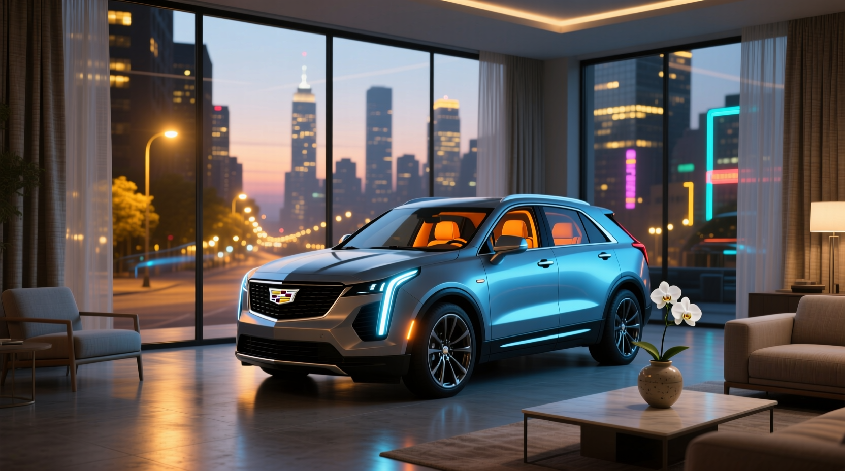 2024 Cadillac XT4 interior showing ambient lighting glow along dashboard and doors