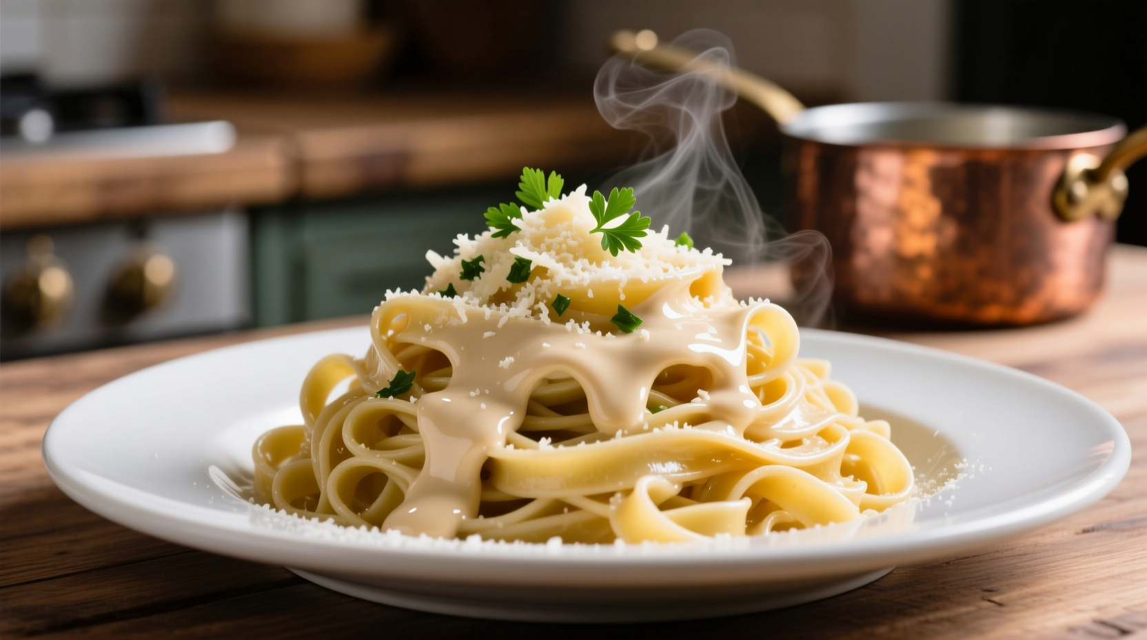 Creamy garlic sauce drizzled over fettuccine