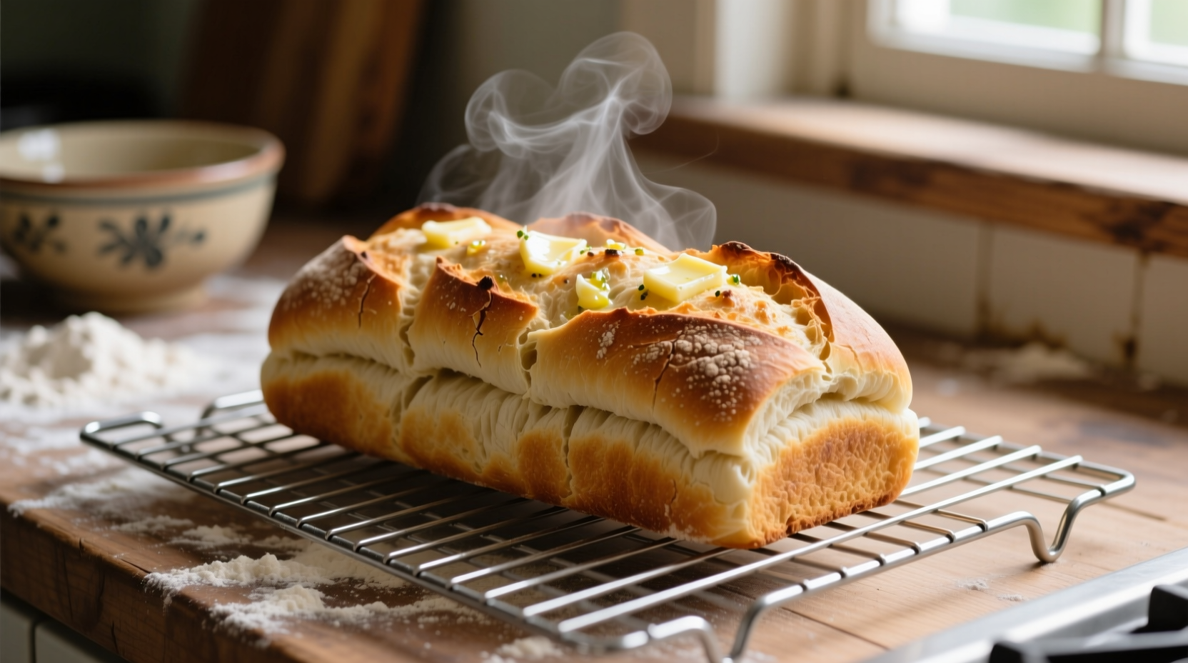 Fresh garlic bread cooling on wire rack