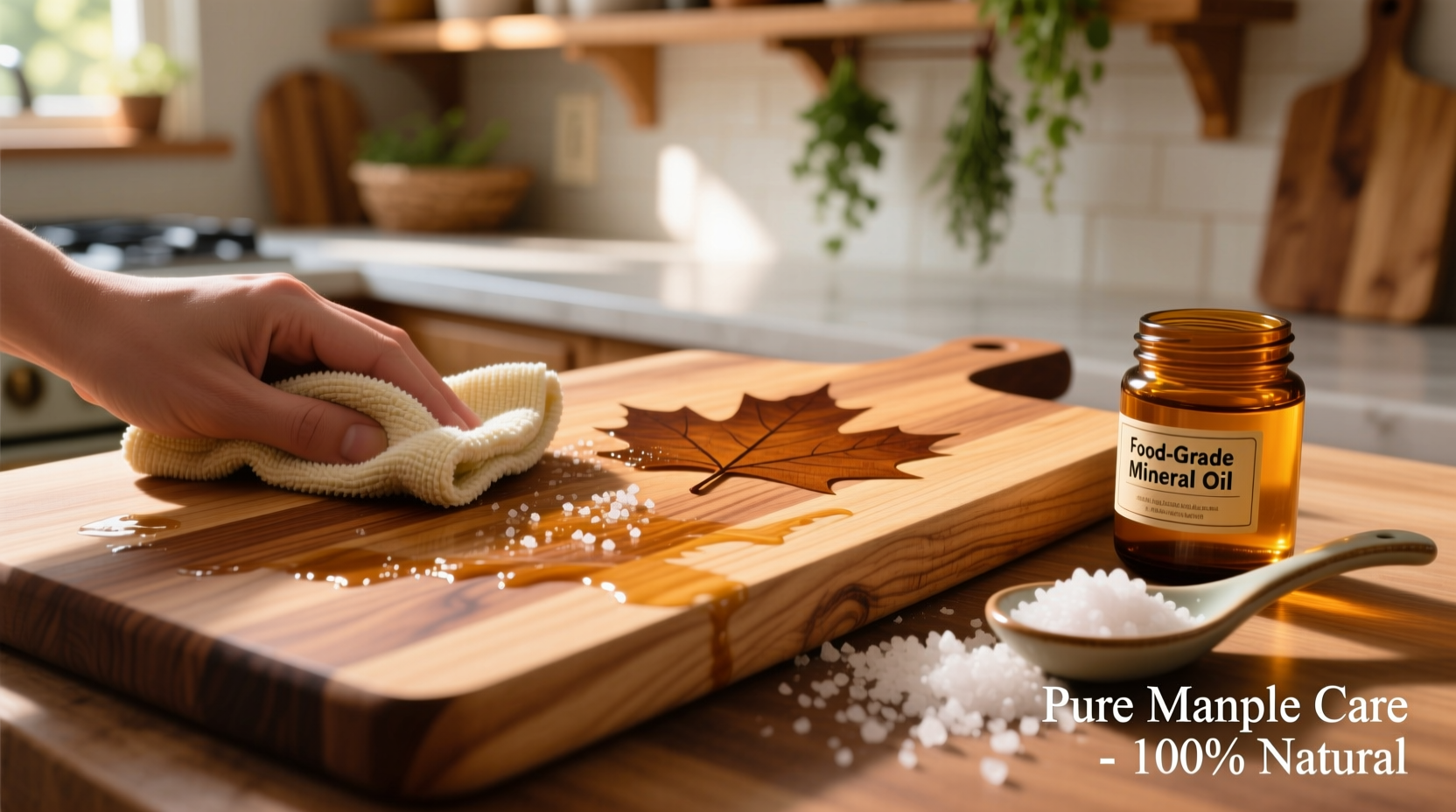 Close-up of a well-maintained maple cutting board mid-cleaning: a microfiber cloth buffs salt-and-oil residue from a smooth, warm-toned surface, with a small jar of food-grade mineral oil and sea salt visible beside it