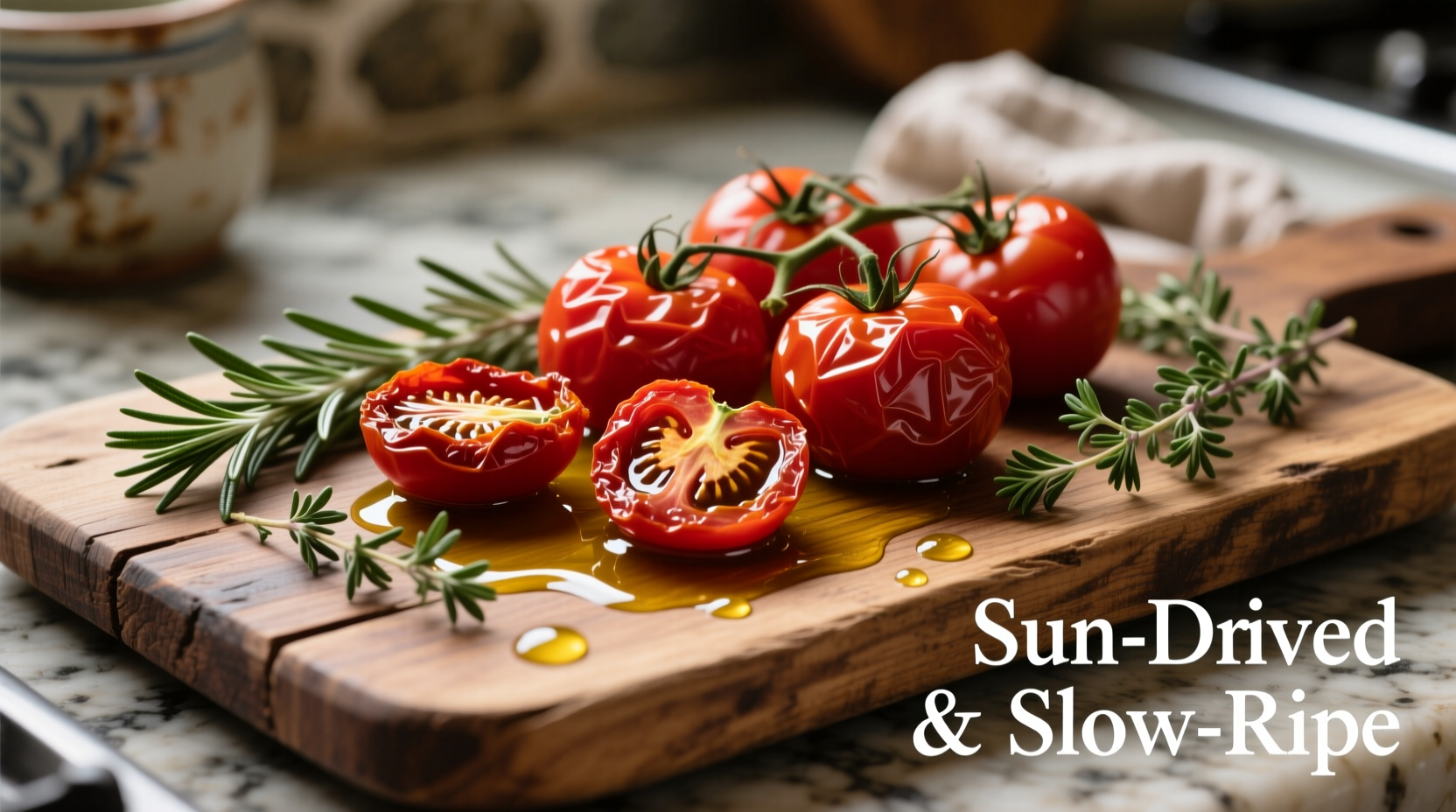 Fresh sun-dried tomatoes in olive oil with herbs on wooden board
