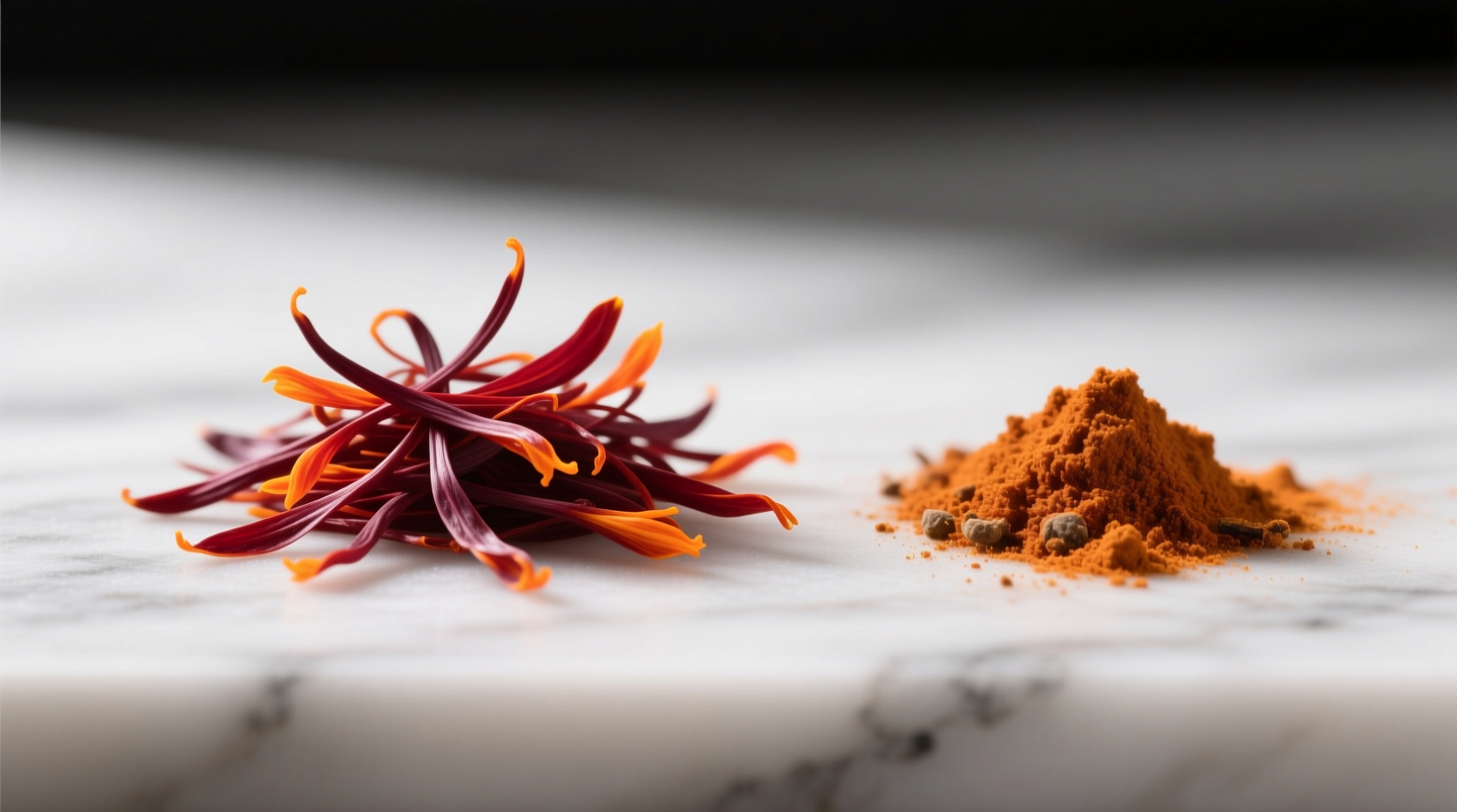 Side-by-side comparison of real saffron threads (deep red with orange tips) versus adulterated powder showing uneven color