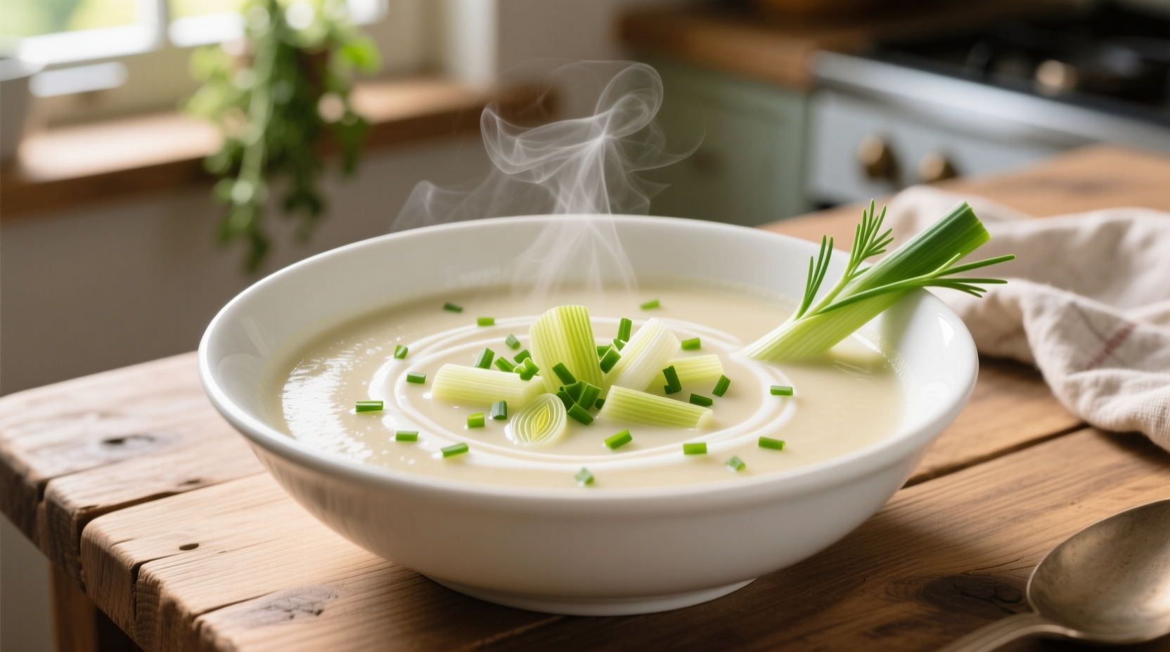Creamy leek soup in white bowl with fresh chives