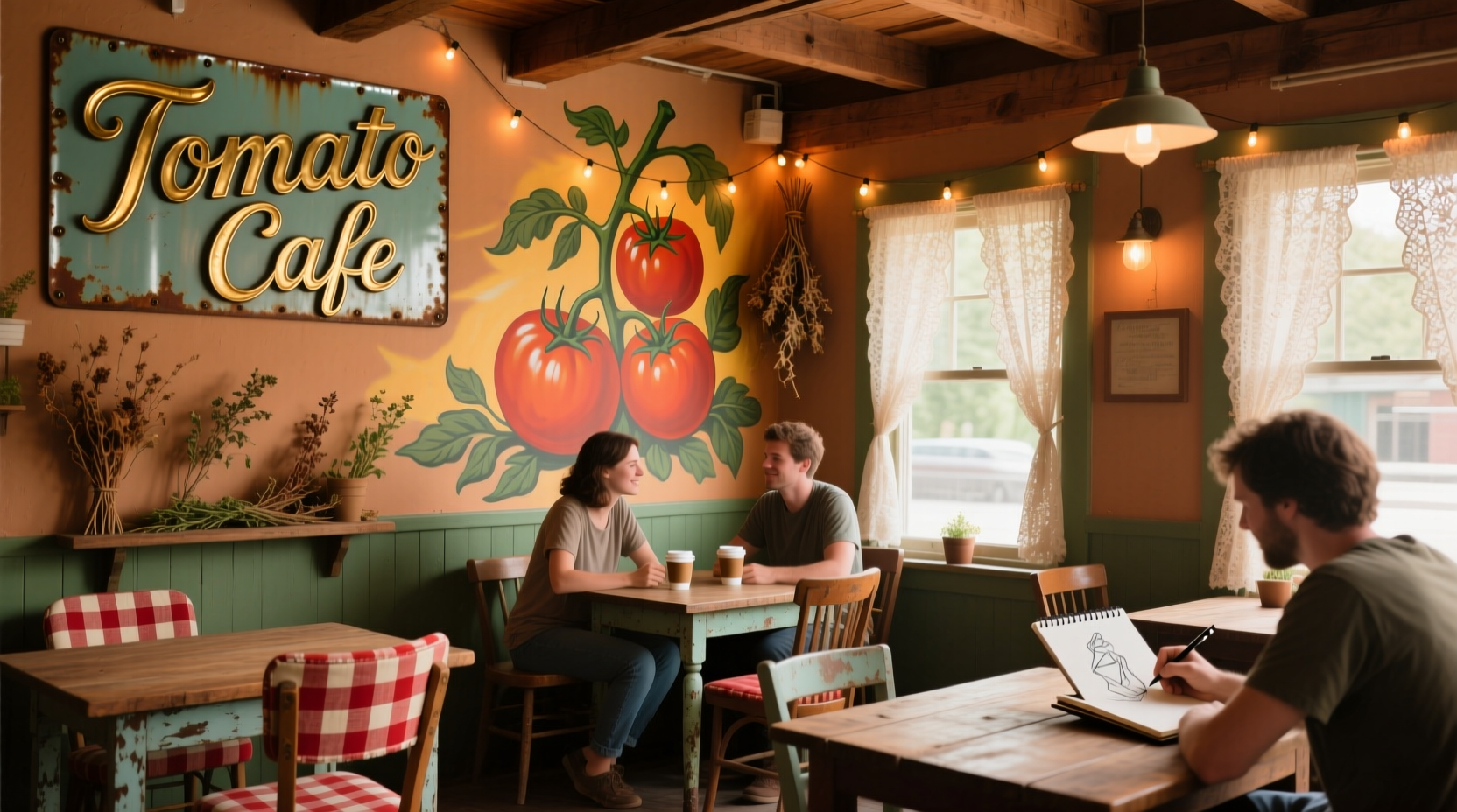 Interior view of Tomato Cafe with rustic decor and customers