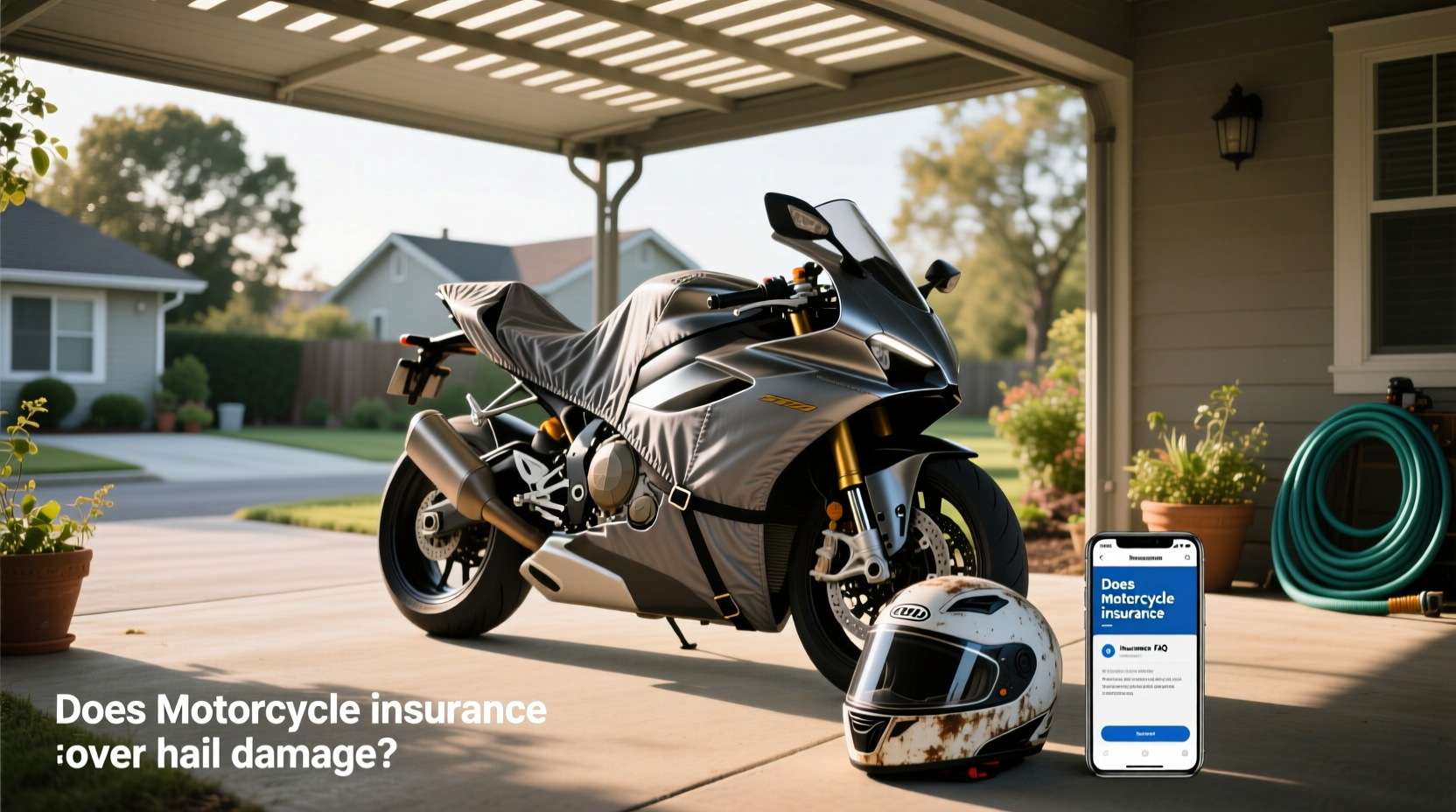 Hail-damaged motorcycle under protective cover