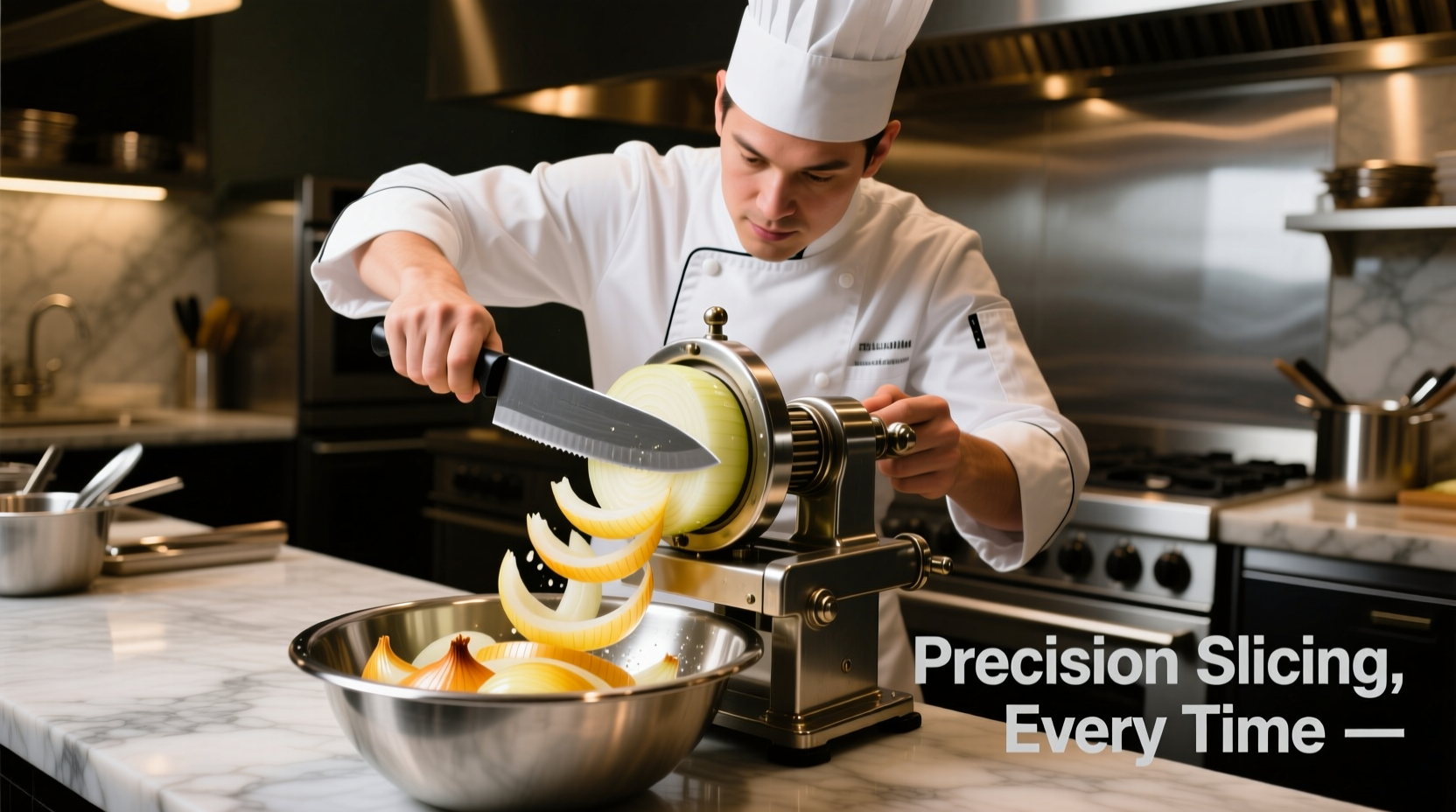 Professional chef using rotary onion cutter with uniform slices