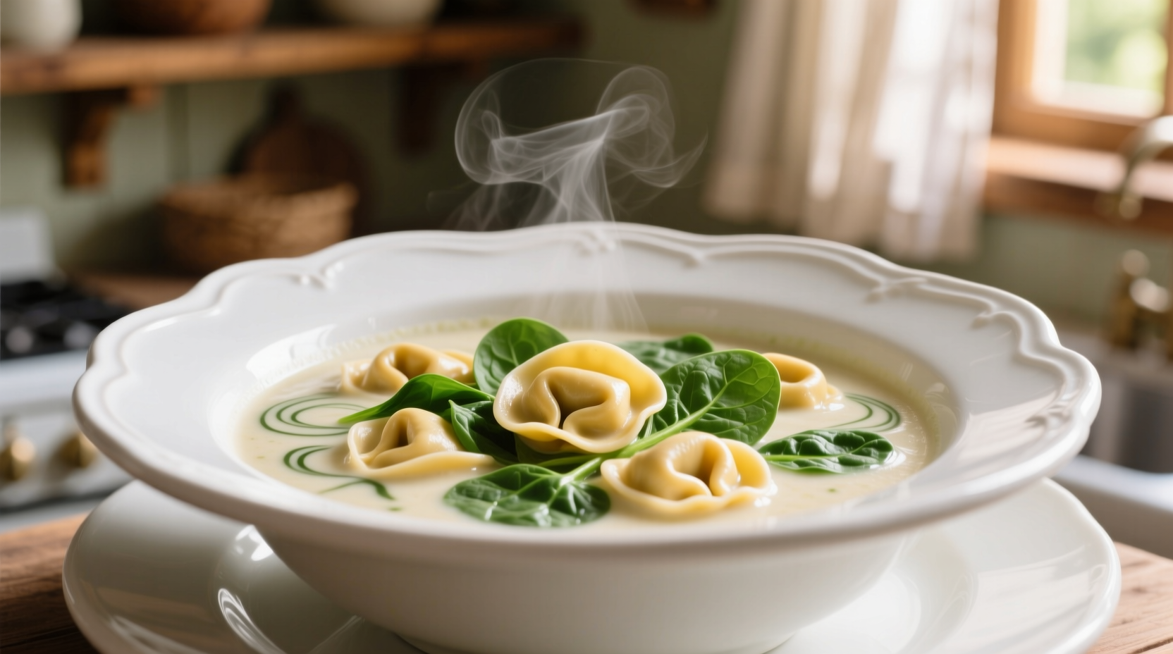 Creamy tortellini soup with spinach in white bowl
