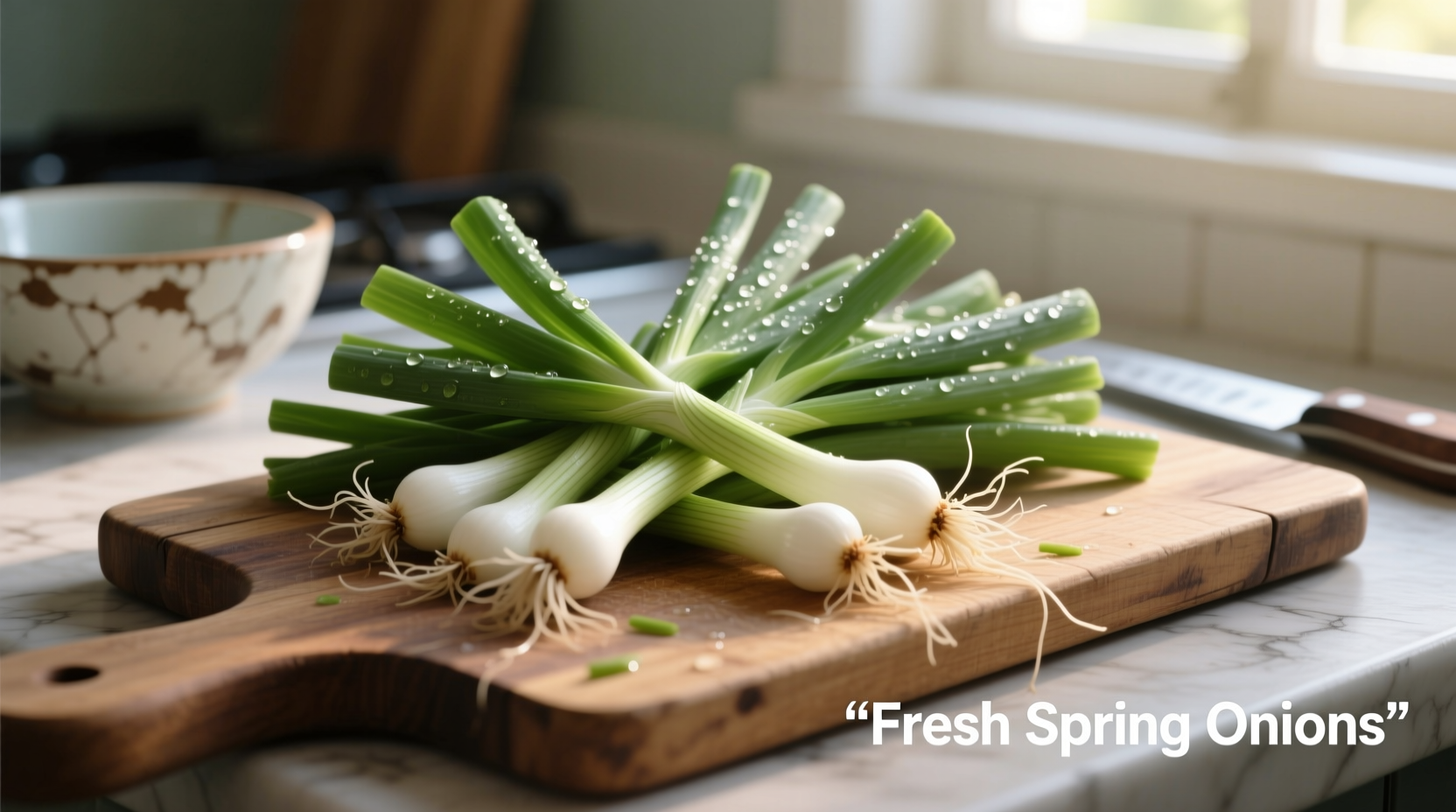 Fresh spring onions arranged on cutting board