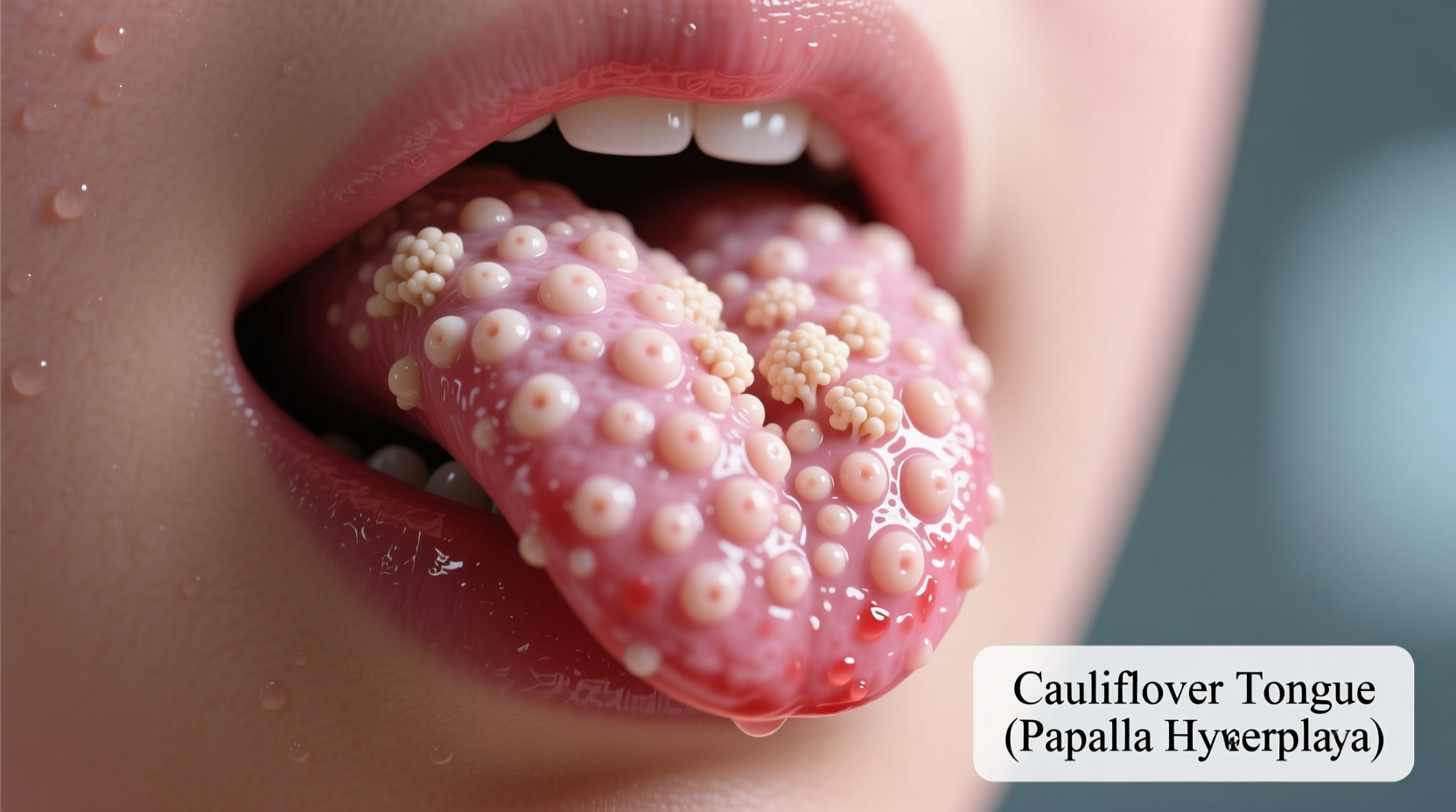 Close-up of cauliflower tongue condition showing bumpy papillae