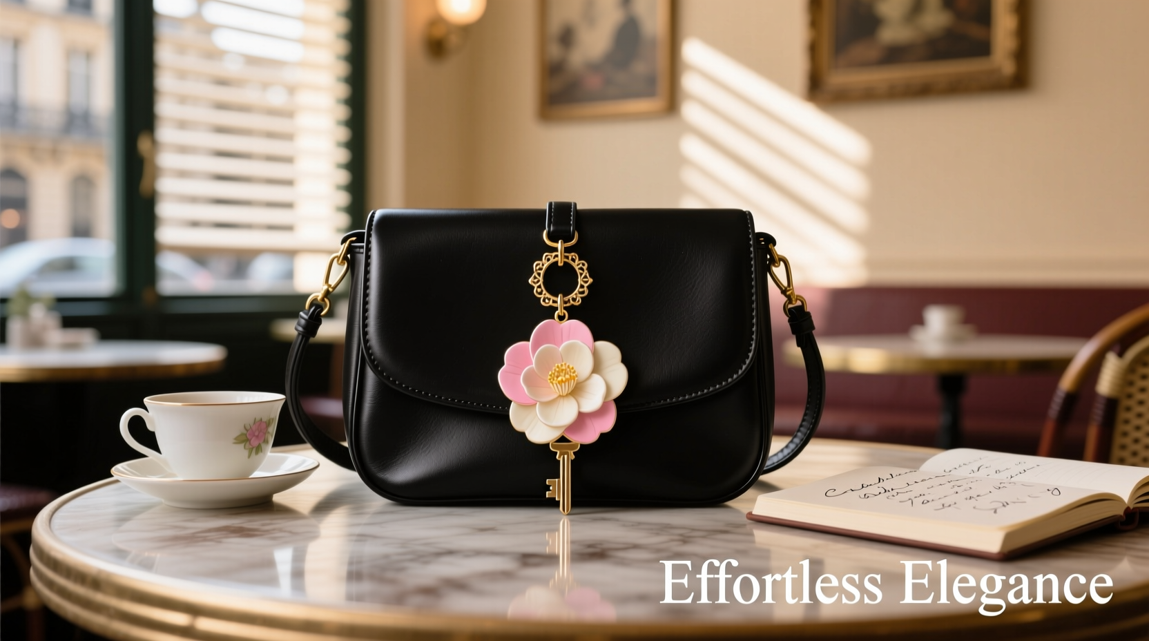 creative ways to style a leather bag using a camellia keychain for effortless elegance