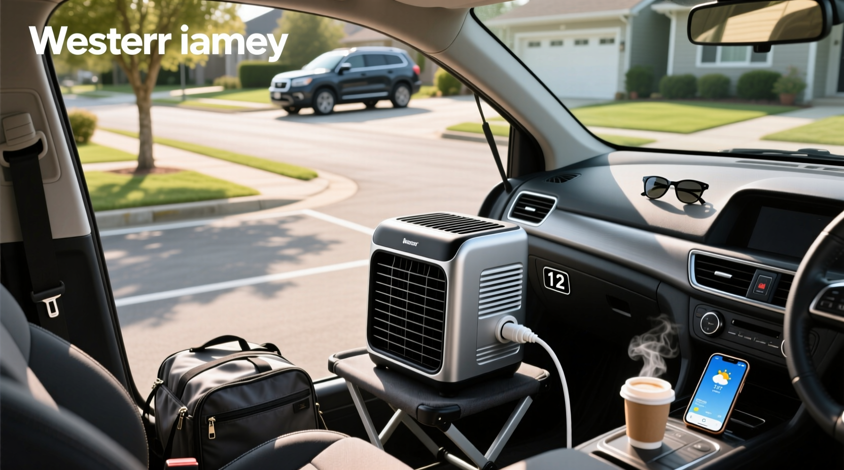 Compact 12V portable air conditioner unit placed inside a car cabin near the driver's seat
