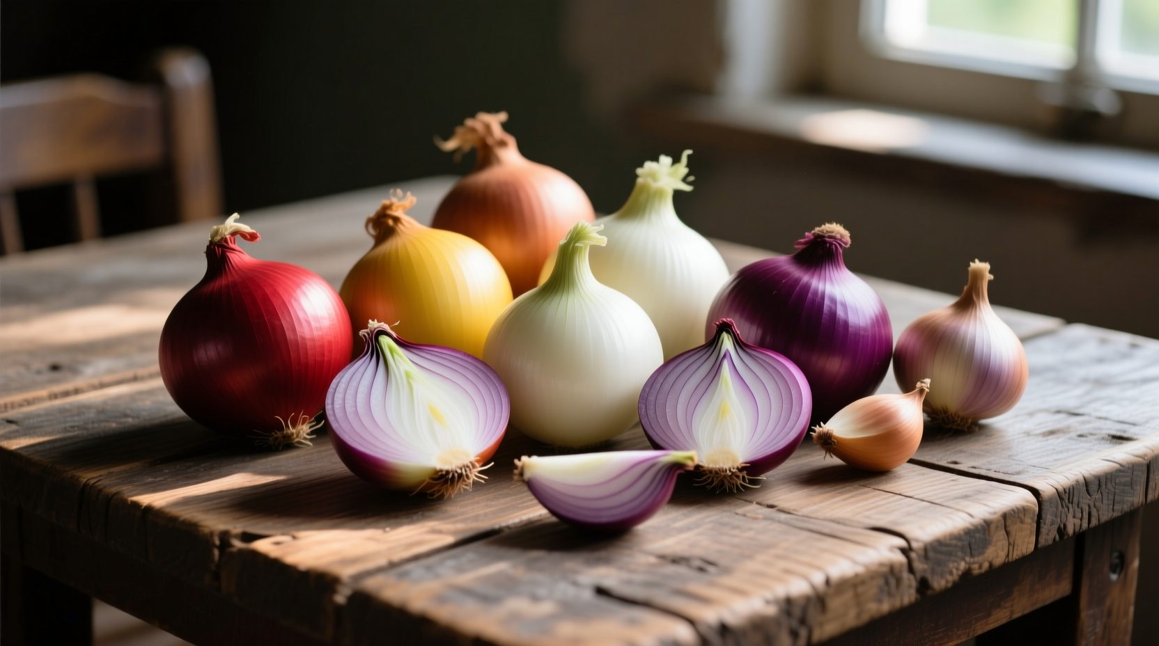 Various onion varieties on wooden table