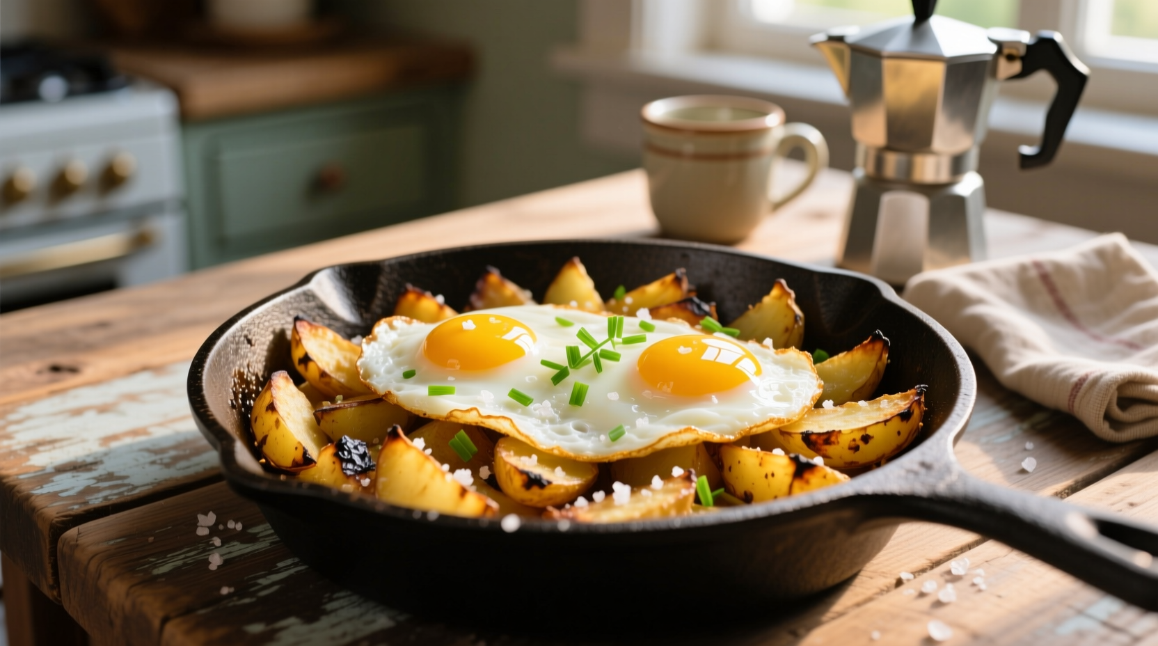 Crispy golden potato hash with fried eggs