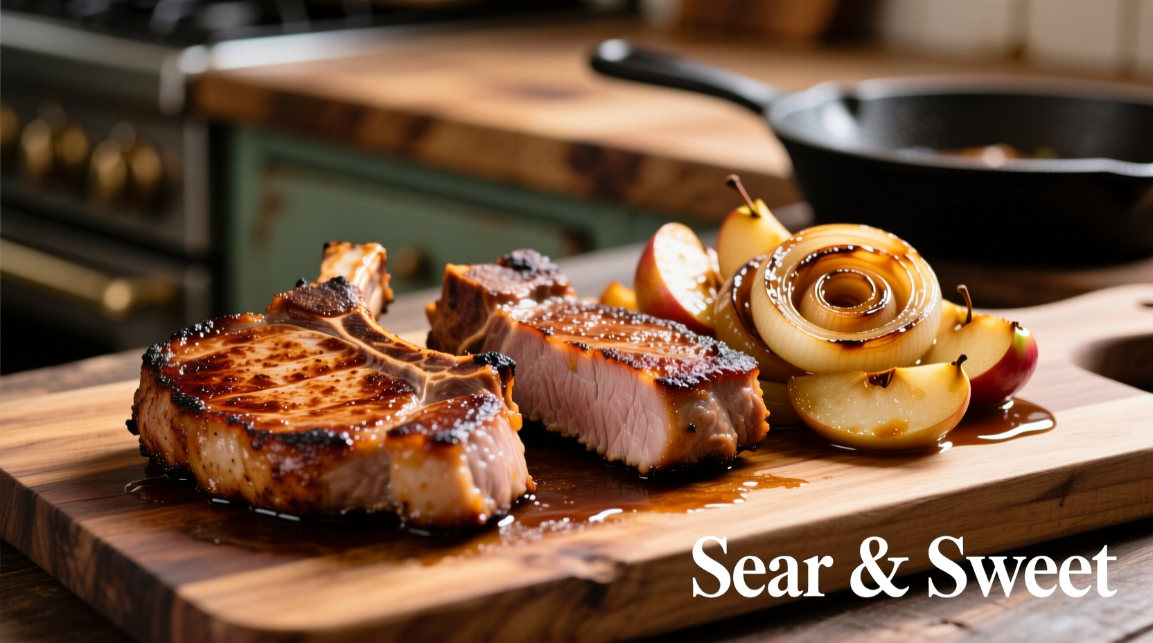 Perfectly seared pork chops with caramelized apples and onions