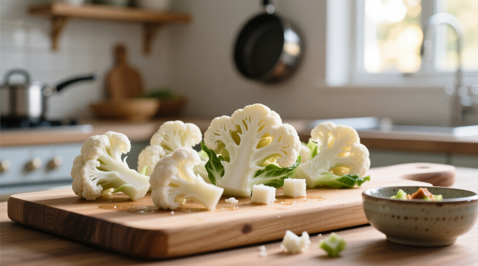 Steamed cauliflower florets cooled and cut for dog portion