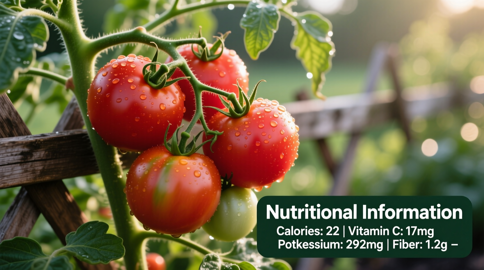 Fresh tomatoes on vine with nutritional information
