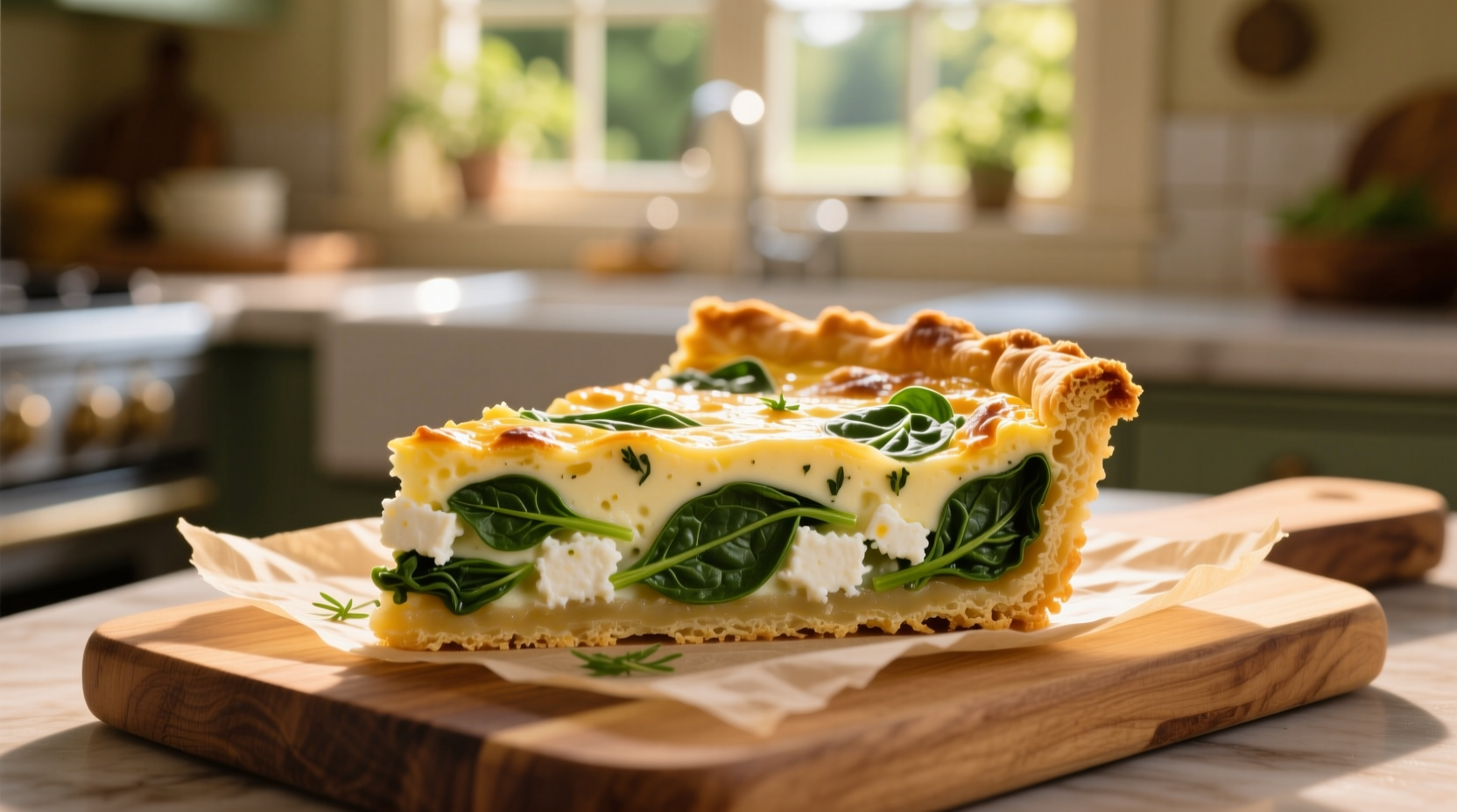 Perfectly golden spinach feta quiche slice