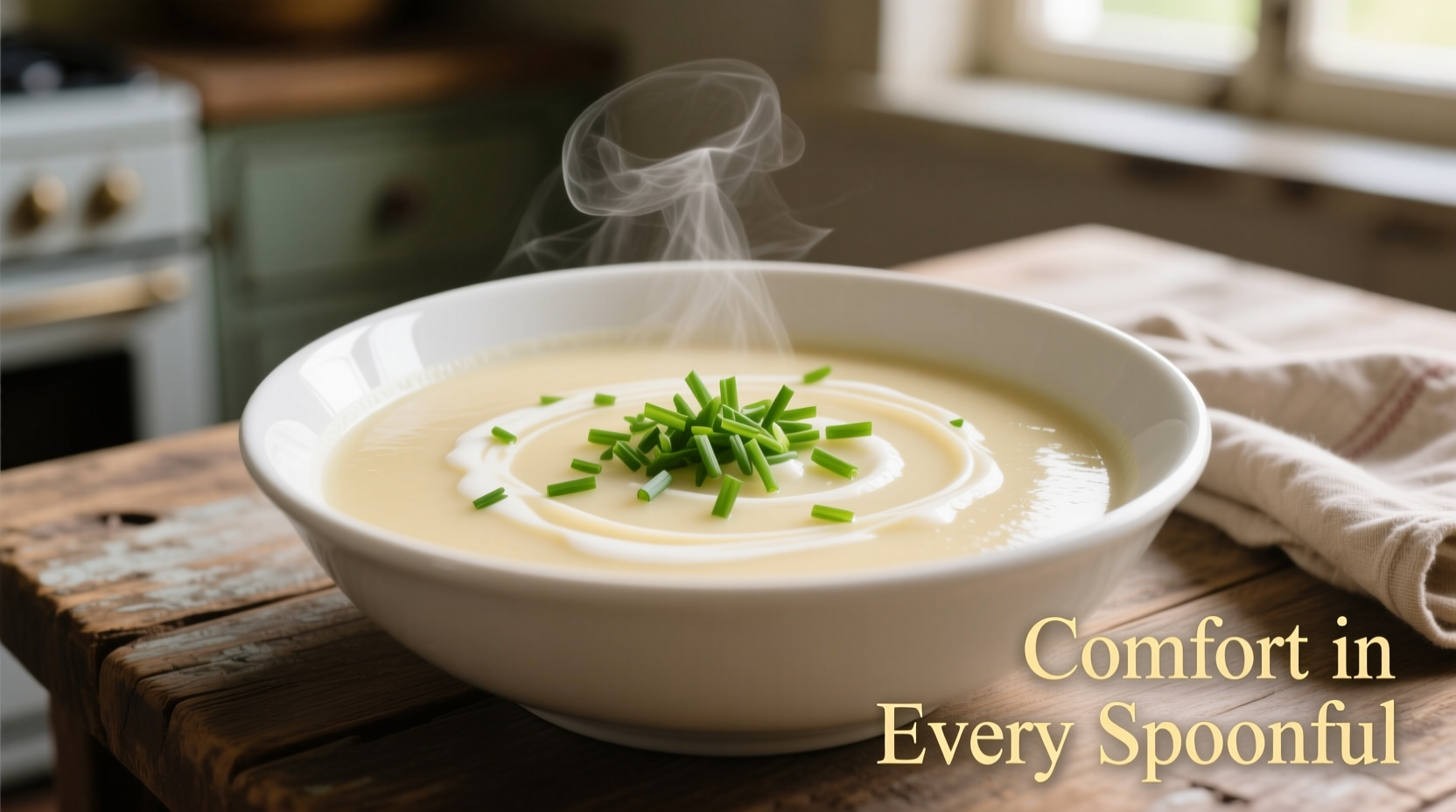 Creamy potato soup in white bowl with chives