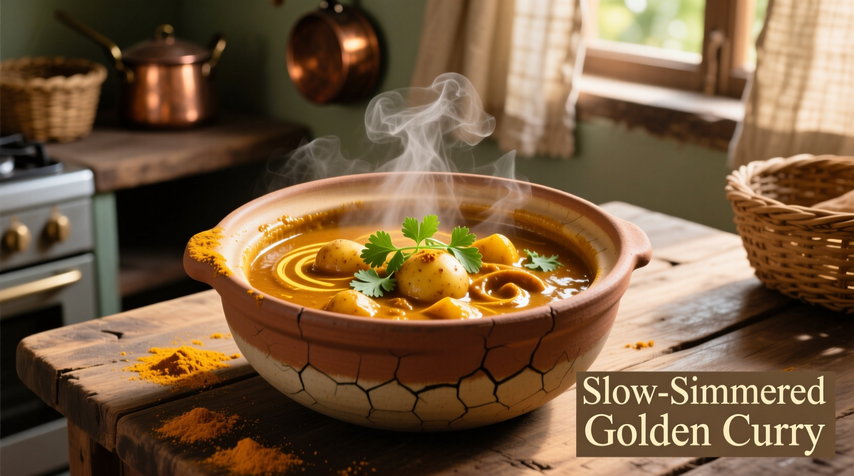 Golden potato curry simmering in clay pot