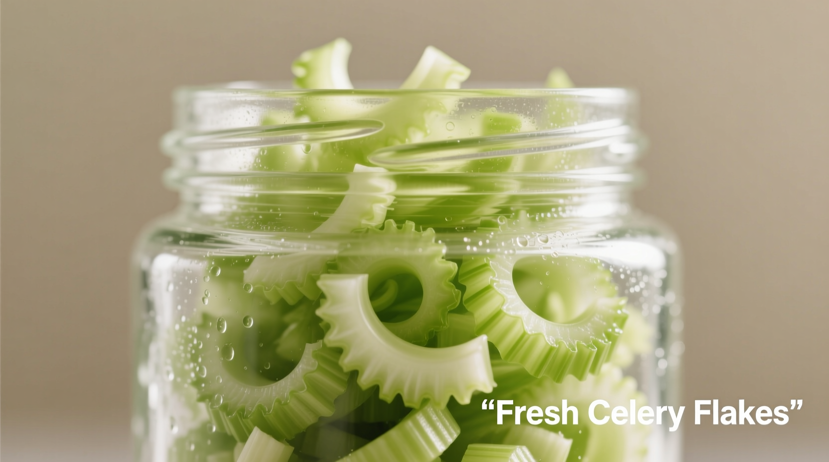 Close-up of celery flakes in glass jar