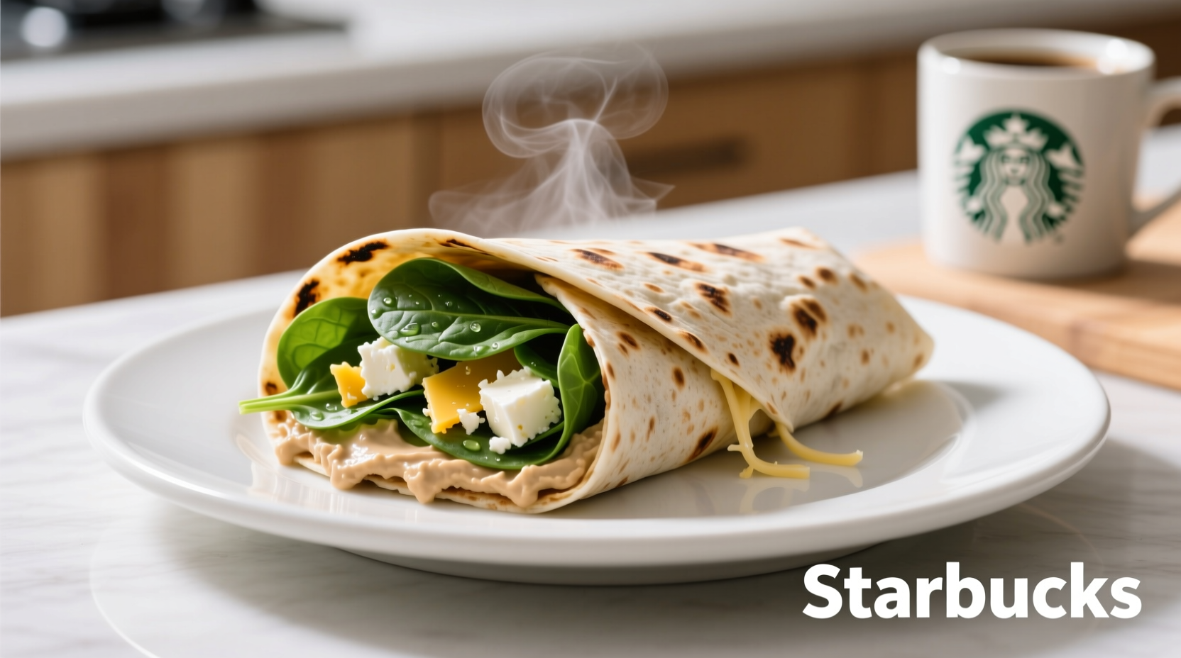 Starbucks spinach and feta wrap on white plate