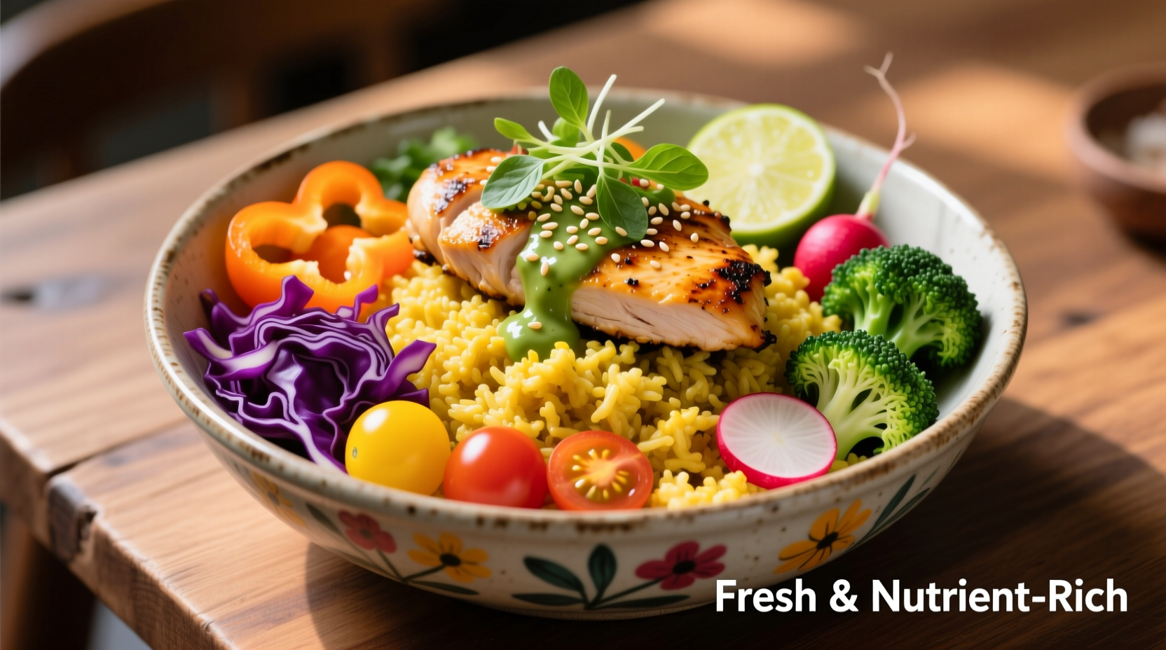 Colorful cauliflower rice bowl with vegetables and protein