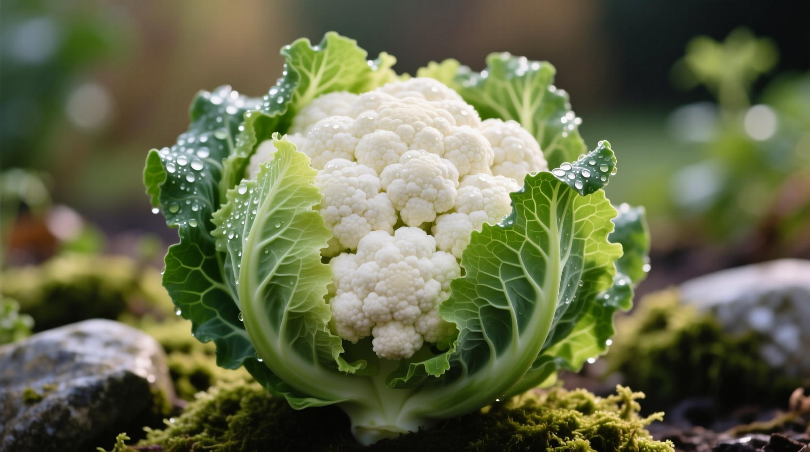 Fresh cauliflower head with green leaves