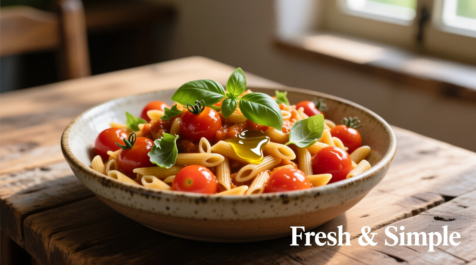 Vibrant tomato orzo in ceramic bowl with fresh basil garnish