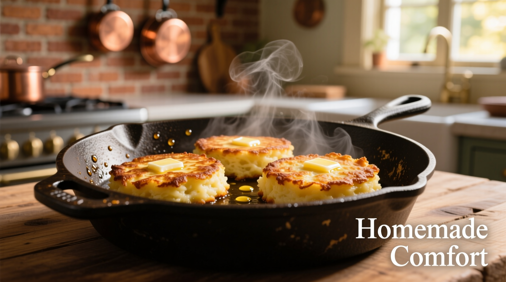 Golden brown mashed potato cakes sizzling in a cast iron skillet