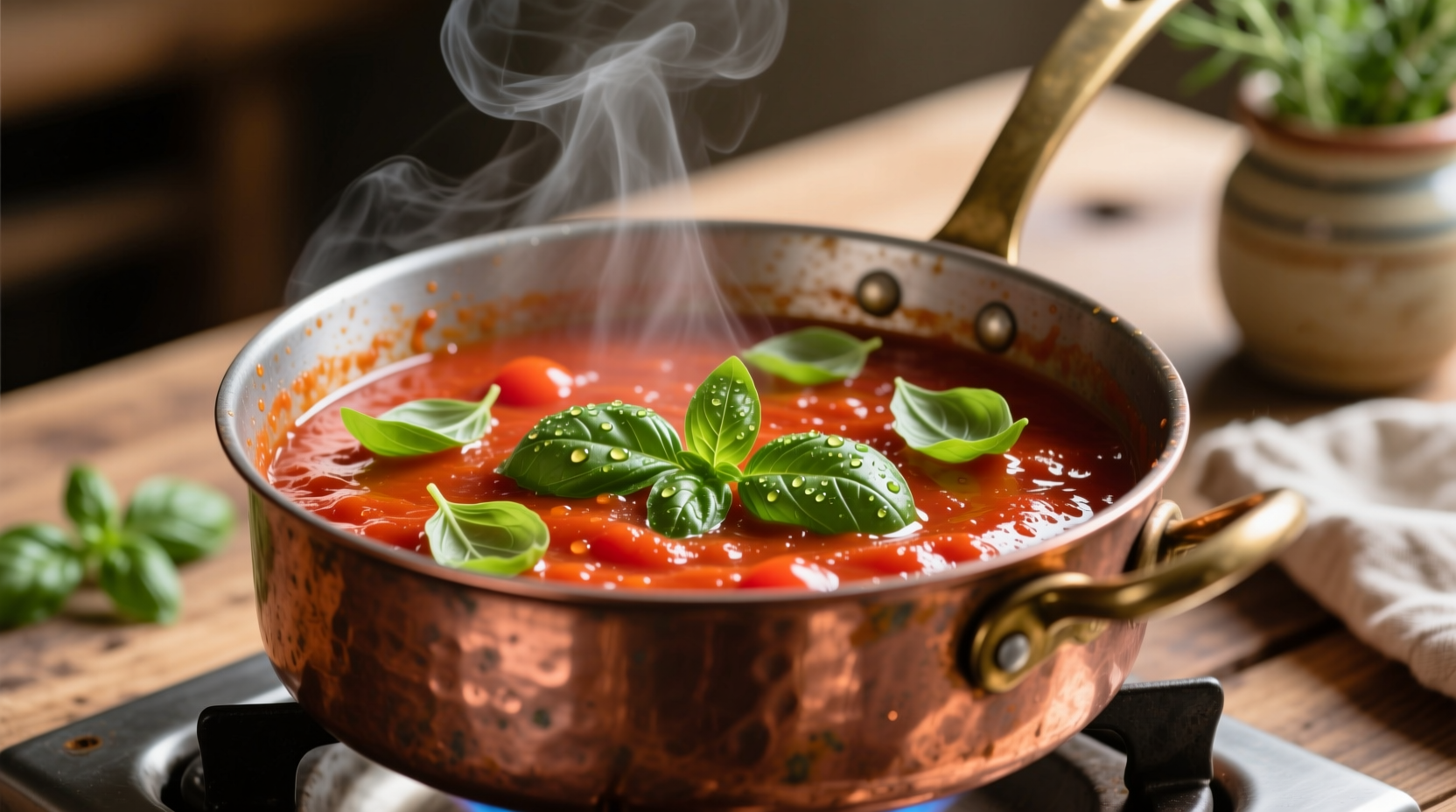 Tomato sauce simmering in copper pot with fresh basil