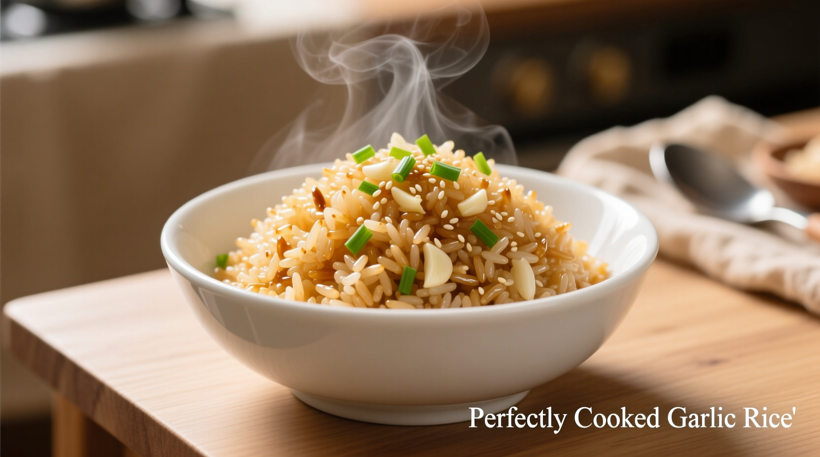 Perfectly cooked garlic rice in white bowl