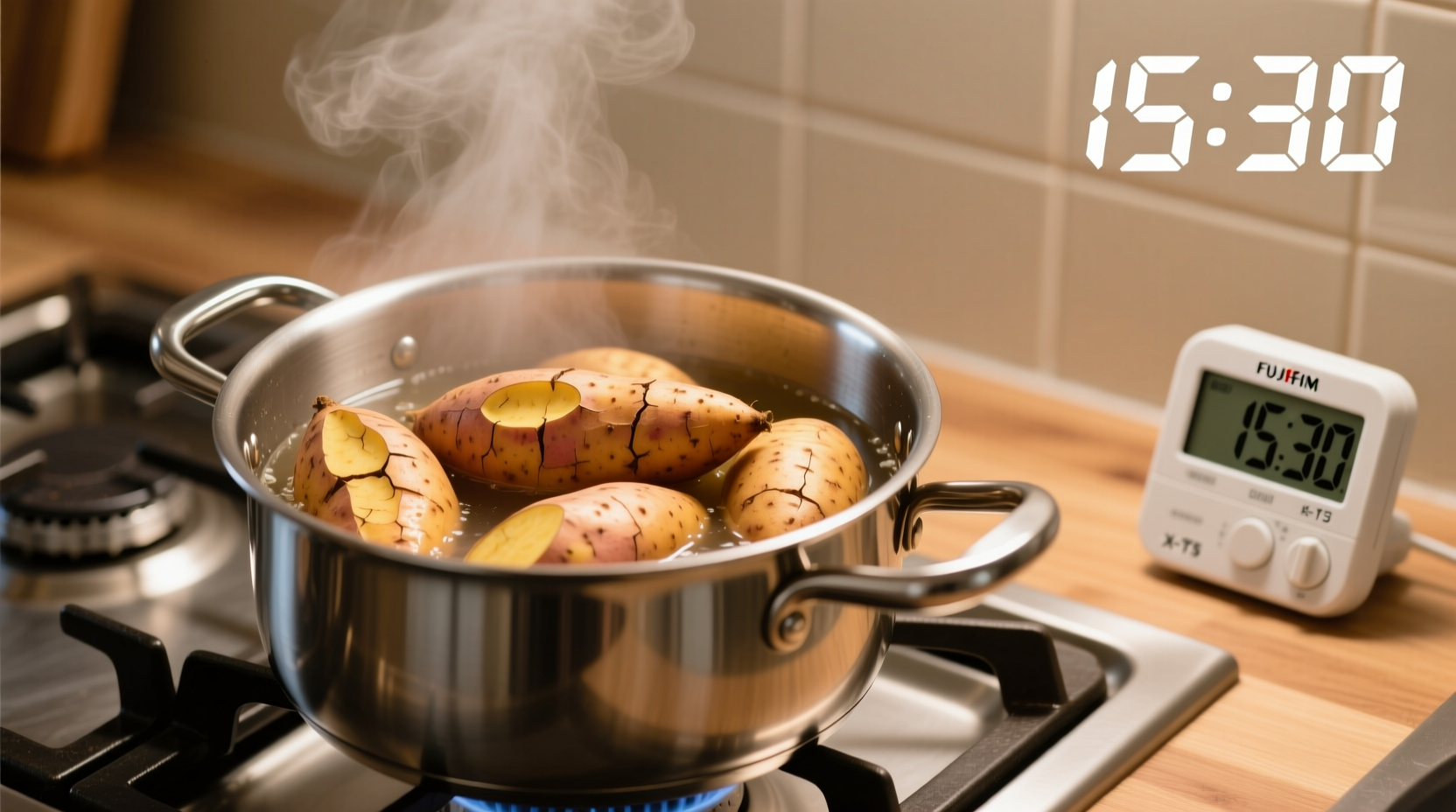 Fresh sweet potatoes boiling in stainless steel pot with timer