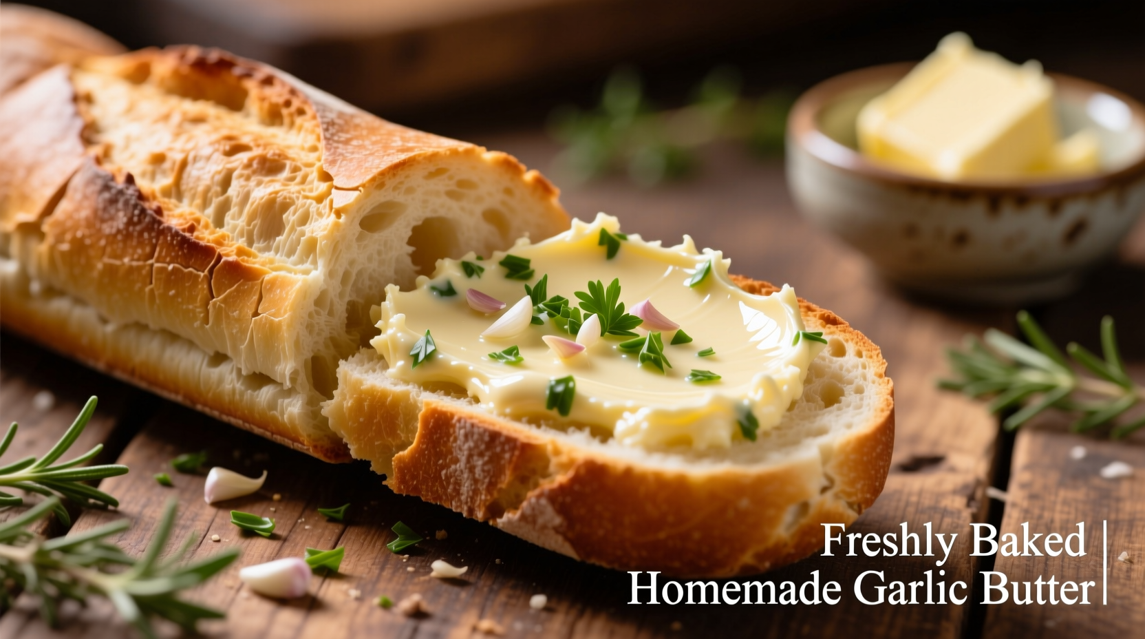 Homemade garlic butter spread on fresh baguette