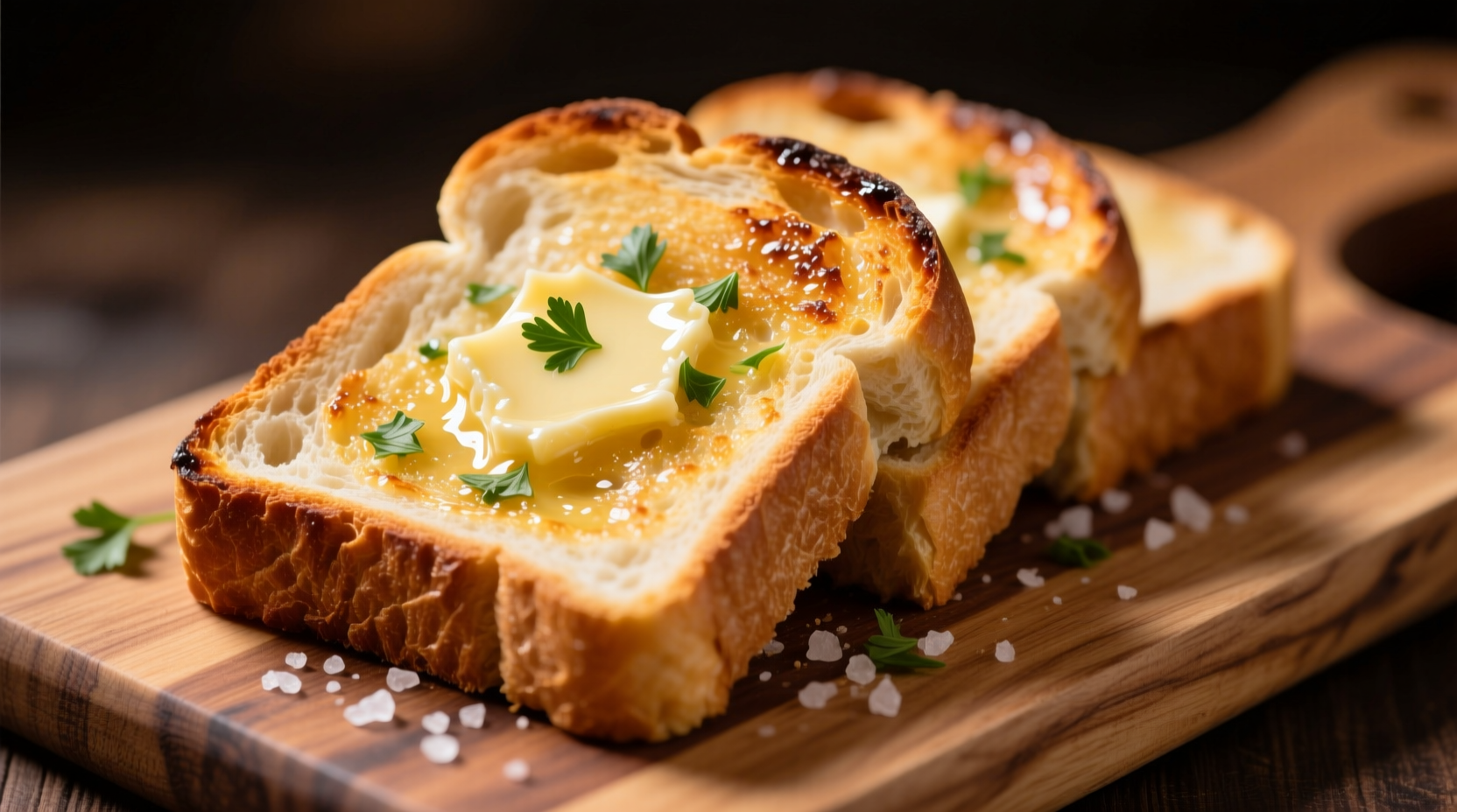 Golden brown texas toast garlic bread on wooden cutting board