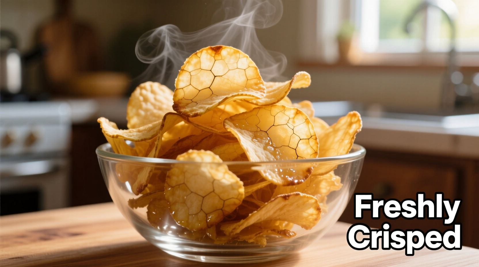 Freshly fried russet potato chips in a glass bowl