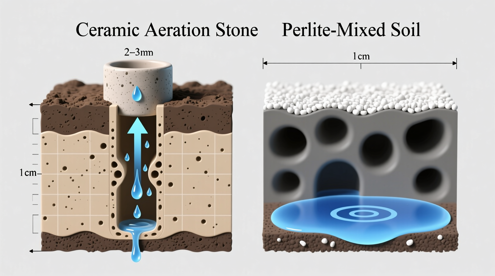 Side-by-side cross-section diagram showing ceramic aeration stone embedded in soil with visible vertical air channels and moisture moving downward, contrasted with perlite-mixed soil where pores are blurred and moisture pools at the base