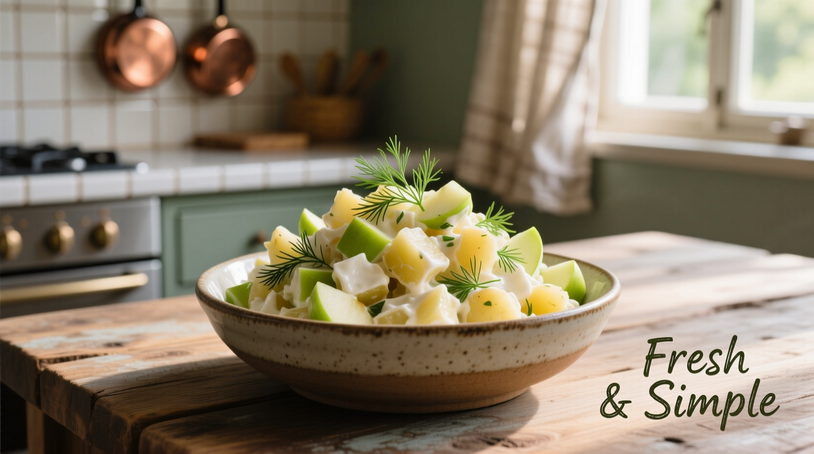Fresh potato salad with diced apples and dill garnish