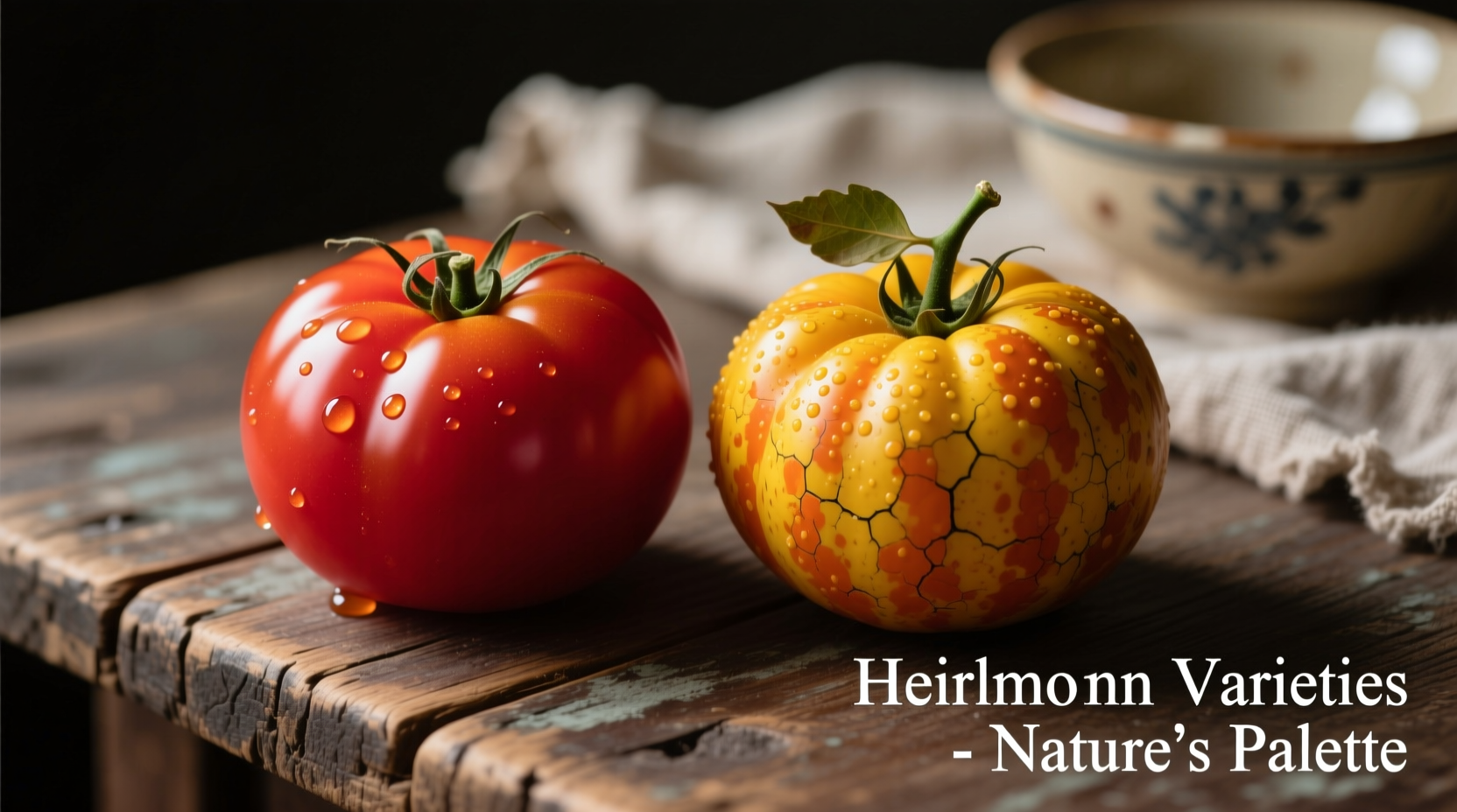 Two contrasting heirloom tomatoes side by side showing color and texture differences