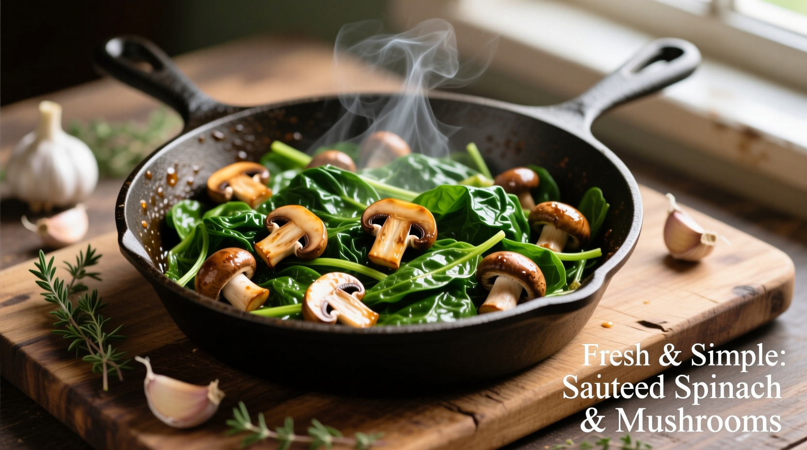 Perfectly cooked sauteed spinach with mushrooms in skillet