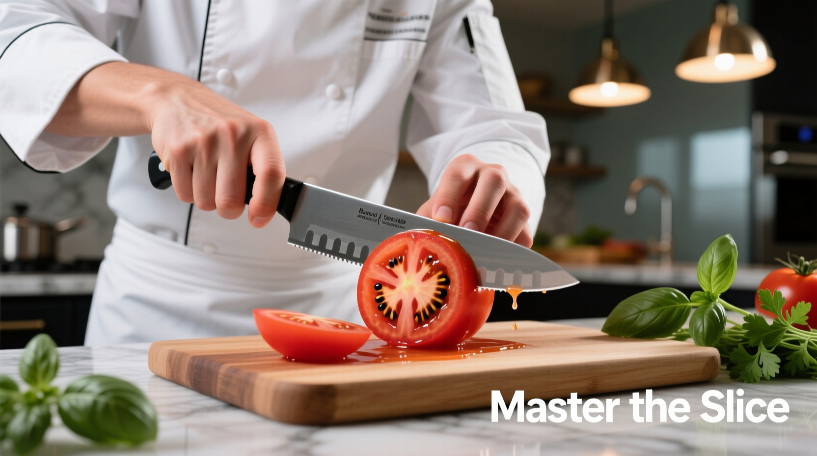 Chef demonstrating proper tomato slicing technique with serrated knife