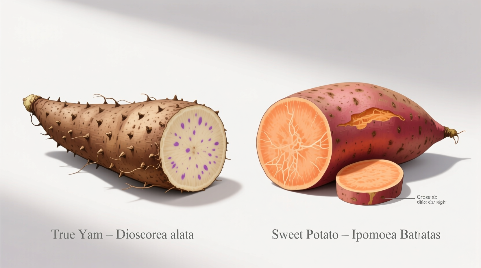 Side-by-side comparison of true yam and sweet potato