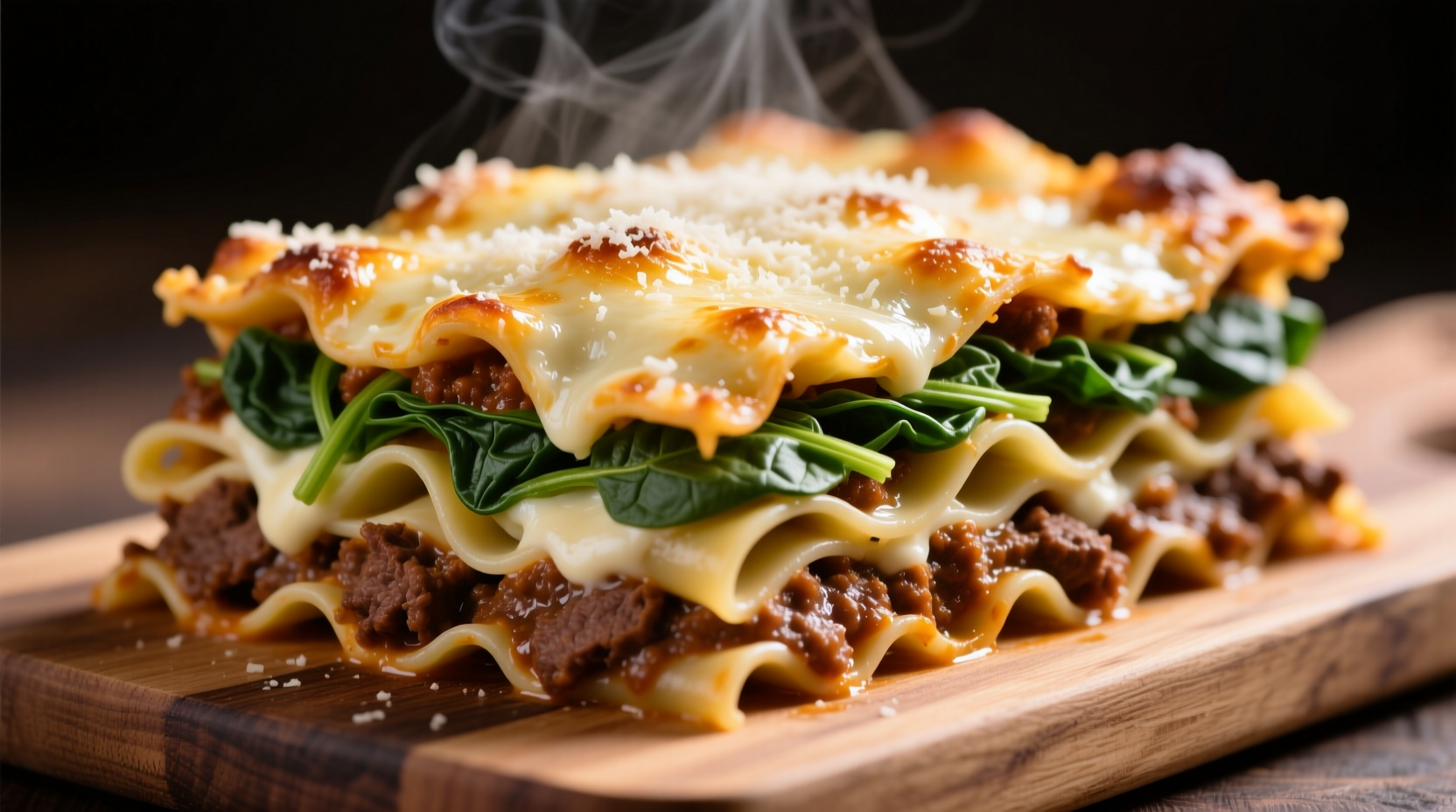 Perfectly layered beef and spinach lasagna with golden cheese top
